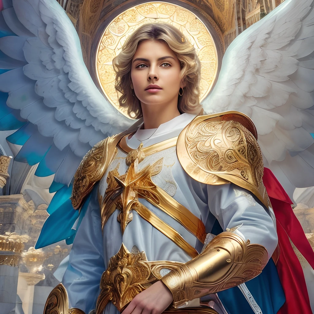 SAINT MICHAEL the ARCHANGEL. 19 years old))) ((( Con una cara seria y piadosa. Con una mirada dulce y tierna))) (obra maestra, calidad superior, mejor calidad, arte oficial, beautiful and aesthetic: 1.2), (1girl), extremadamente detallado, (Arte fractal: 1.3), colorido, highest detailed, Cara perfecta, parte superior del cuerpo, HDR, (orando: 1.3), (golden lines of white coat: 1.2), galaxia, (rayas de luz), eye-catching visuals, (dynamic stripes, senderos luminosos: 1.2), colores vibrantes,