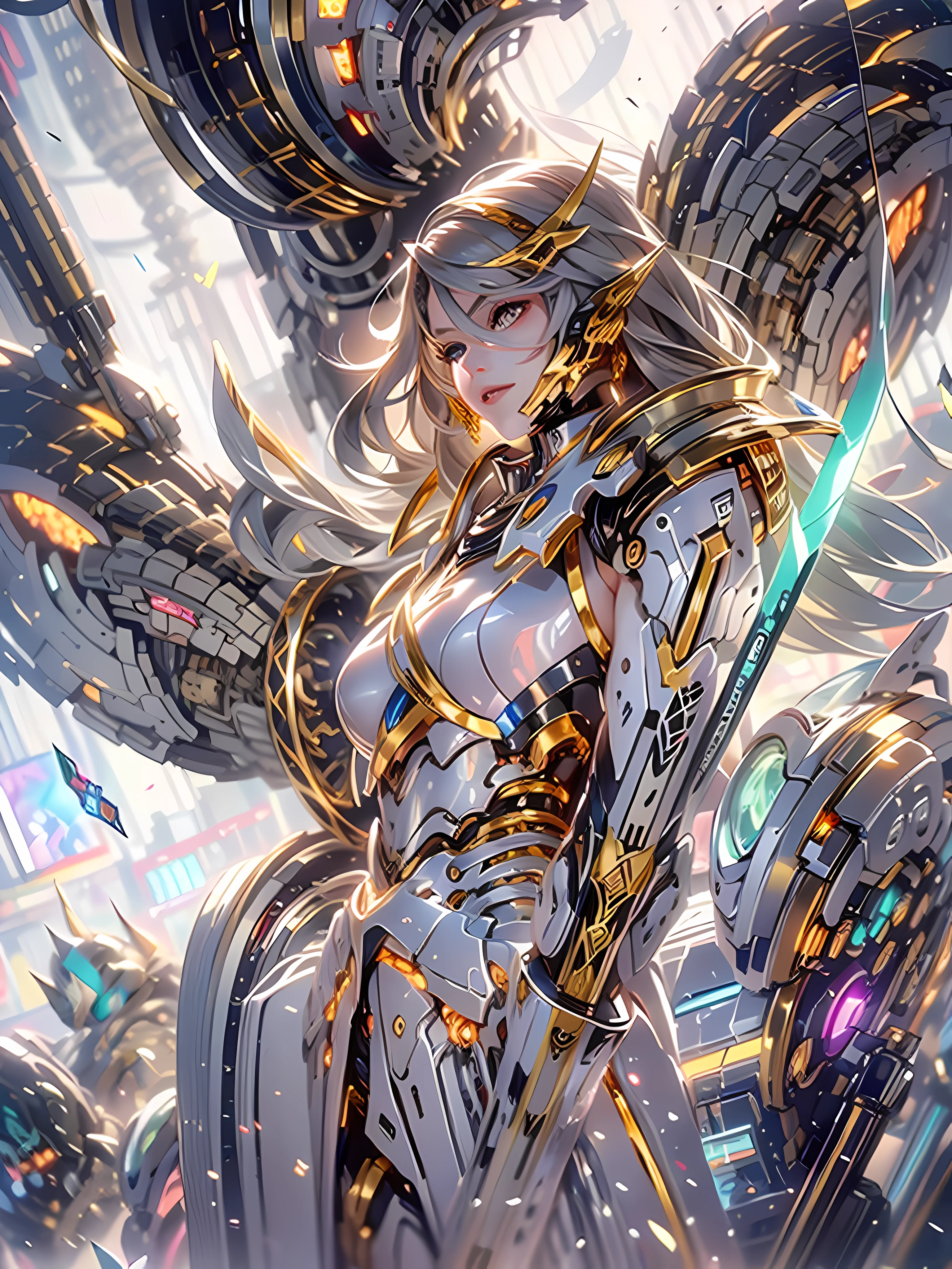 A masterpiece， The best quality， High quality， （futurism：1.1）， （Paladin armed with a lightsaber, Light magic, Divine, magewave, Silver and gold）， 电影灯光， （Exquisite future）， Beautiful and beautiful， Ultra detailed， great composition， Floating， Depth of field， （Very detailed CG，Unity 8k壁纸）， （Beautiful detail background）， Beautiful hair details， dramatic lights， GOGETTA， Mecha，best qualtiy，超高分辨率，Photorealistic