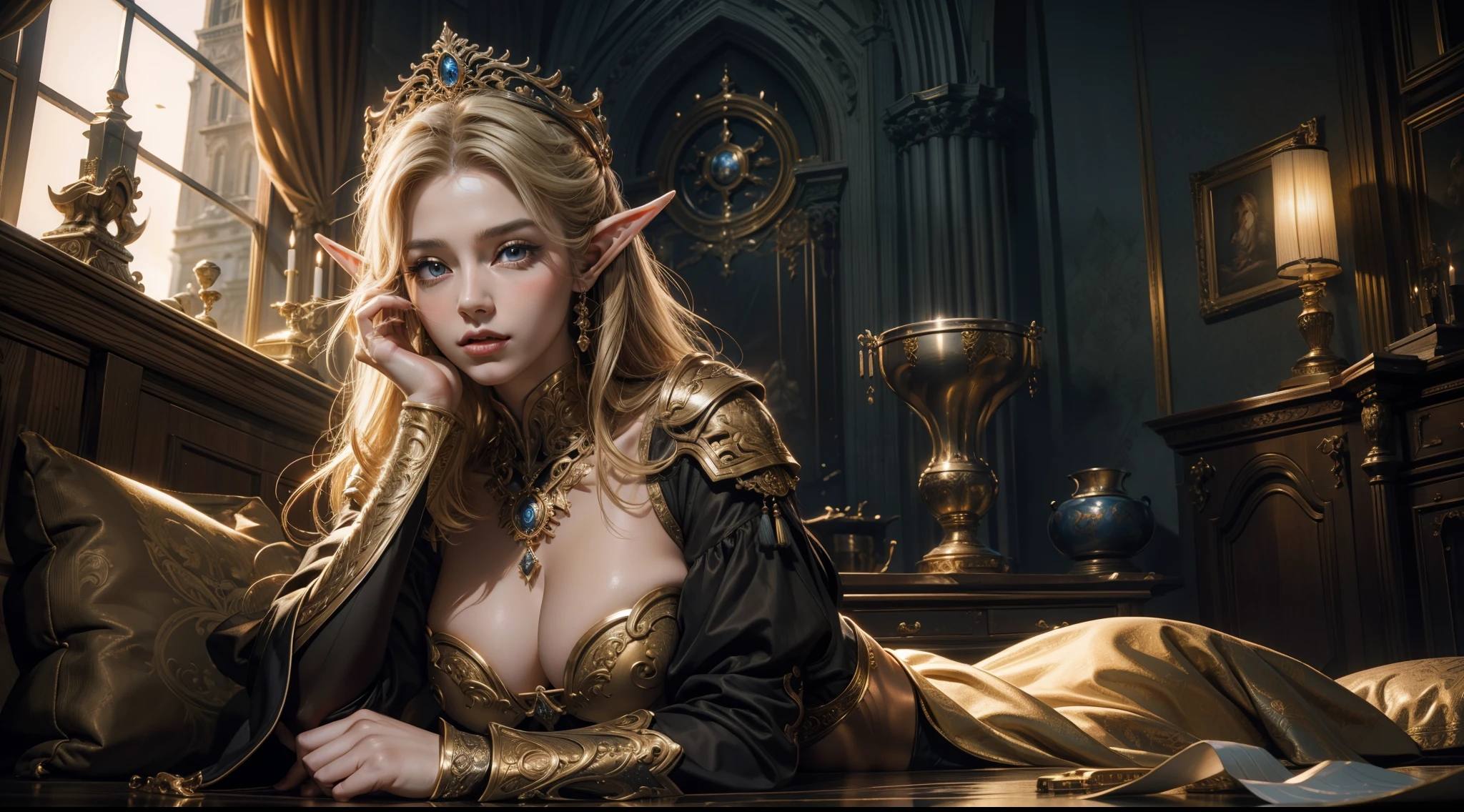 tmasterpiece，top-quality，best qualityer，offcial art，Beauty and aesthetics：1.2），（tmasterpiece：1.3）， （8K， realisticlying， RAW photos， best qualtiy： 1.4）， beauitful face， （photorealiscic face），超高分辨率， Ultra photo realsisim， highly  detailed， the golden ratio， （Award-winning digital artwork：1.3） af （sketching：1.3），（with dynamism：1.3），（Saturation：1.3），（Close portrait：1.3），illusory engine， (High detail: 1.9)，（femele：1.4），（big breasts beautiful： 1.4),(carismatic:1.3)，Female elf，Large breasts，upperbody shots，dramatics，Armour，The background is the castle，