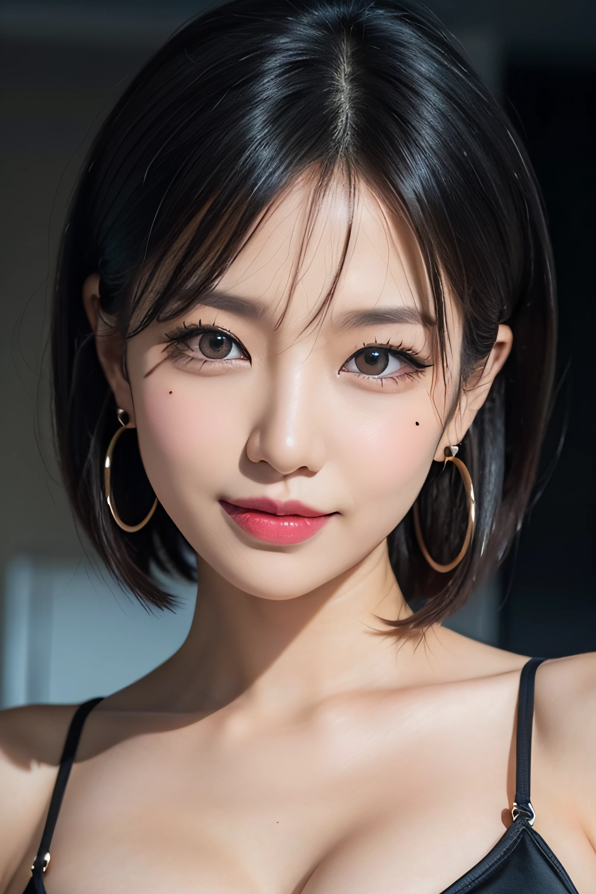Black hair, hair bobbles, longeyelashes, Solid Circle Eyes, lightsmile, Mole under the eyes, Cute earrings, lightsmile, Shy, puckered lips, surrealism, drop shadow, stereograms, POV, Atmospheric perspective, depth of fields, One-person viewpoint, F/1.8, 8K, Super Detail, ccurate, Best Quality, hight resolution, Best Quality,Full body,short cut hair,bikini of,large full breasts:1.5
