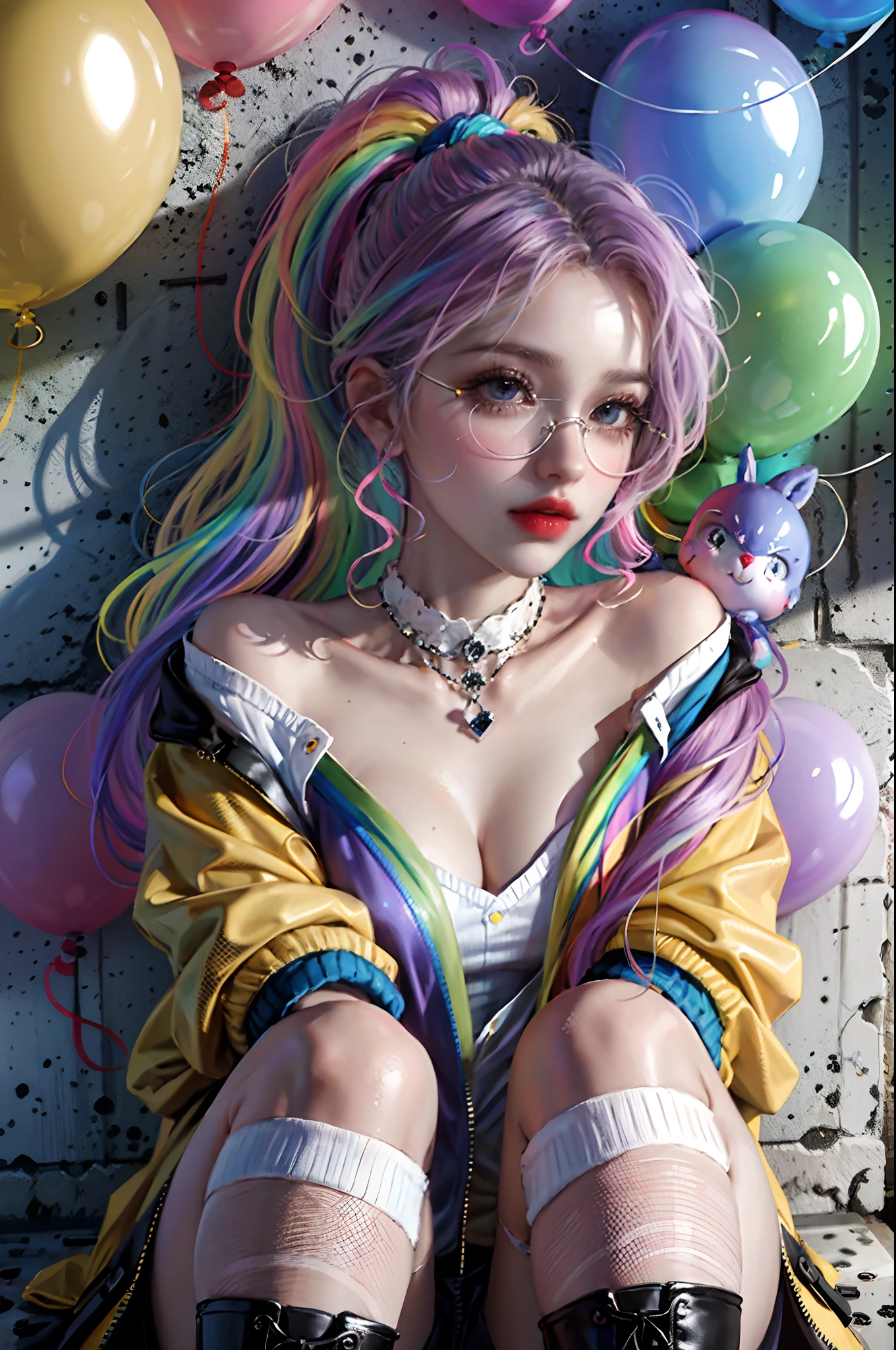 masterpiece, best quality, 1 girl, pretty and cute, (rainbow color Highlight Hair,colorful hair:1.4), wearing blue and purple sunglasses, yellow jacket with white pattern, white sweater, many colored balloons, doll face, ponytail braid, perfect detail eyes, delicate face, perfect cg, HD quality, colored balloons, sky ,black boots