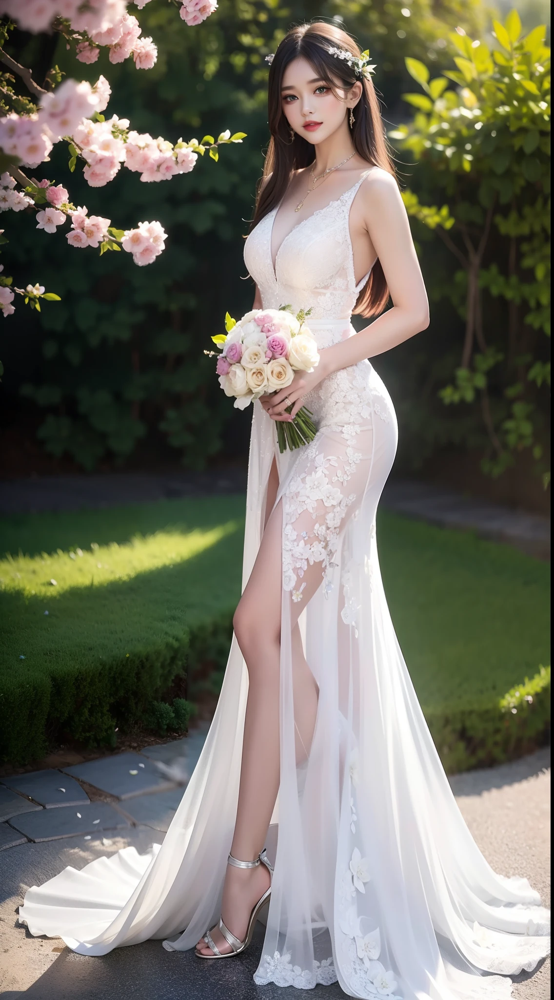 4K Ultra HD, Masterpiece, A cute girl, Good face, Detailed eyes, Liquid lipstick, Long hair, dishiveredhair, necklace, Beautiful dress, Long dress, wedding gown, green color, high light, Light effects, Shining, Realistic background, Nature background, Flowers, Full body capture,