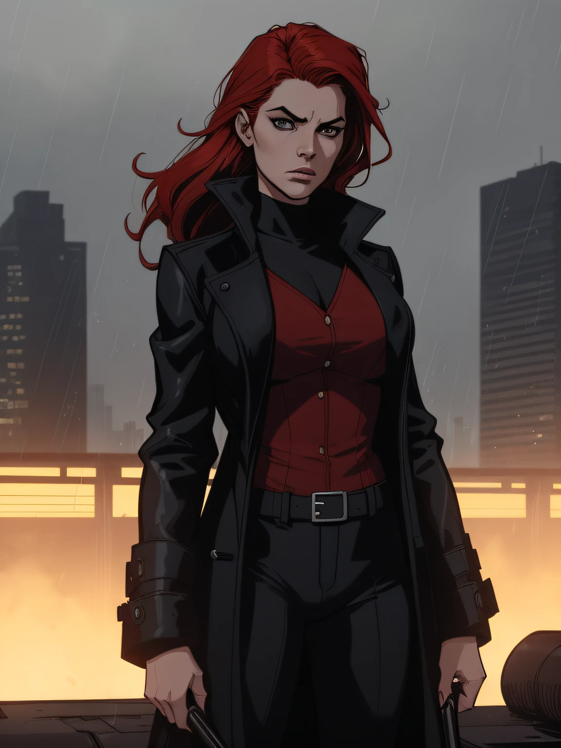 An endearing comic panel featuring a red-haired female detective. Inspired by Frank Miller's art style, the scene shows her standing on the roof of a rain-soaked city, dressed in a black overcoat, her gaze fixed on the horizon. The color scheme is predominantly noir, with bold, high-contrast lines and shadows. Her expression displays a mixture of determination and weariness. The lighting is strong, with harsh shadows accentuating the intensity of the moment. The atmosphere is dark and suspenseful.