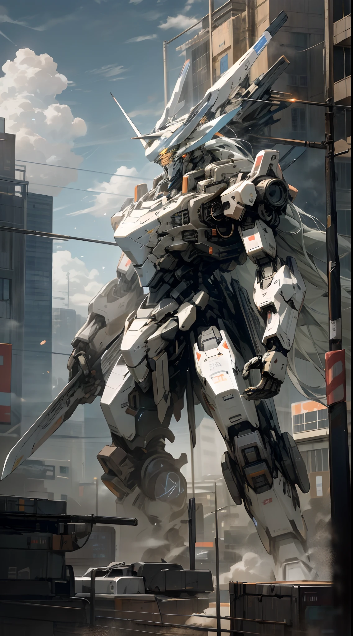sky, cloud, holding_weapon, no_humans, glowing, , robot, building, glowing_eyes, mecha, science_fiction, city, realistic,mecha