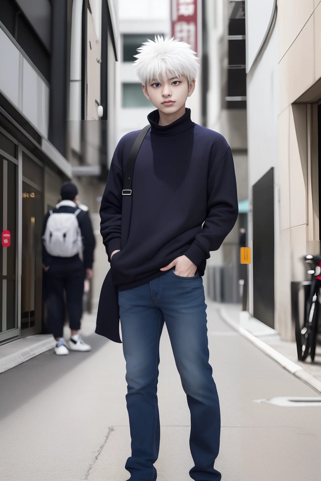 masterpiece, best quality, high quality, 1 man, solo, male focus, looking at viewer, full body, killua_zoldyck, standing, street background, 20 y.o man, gentle man, 170 cm body height