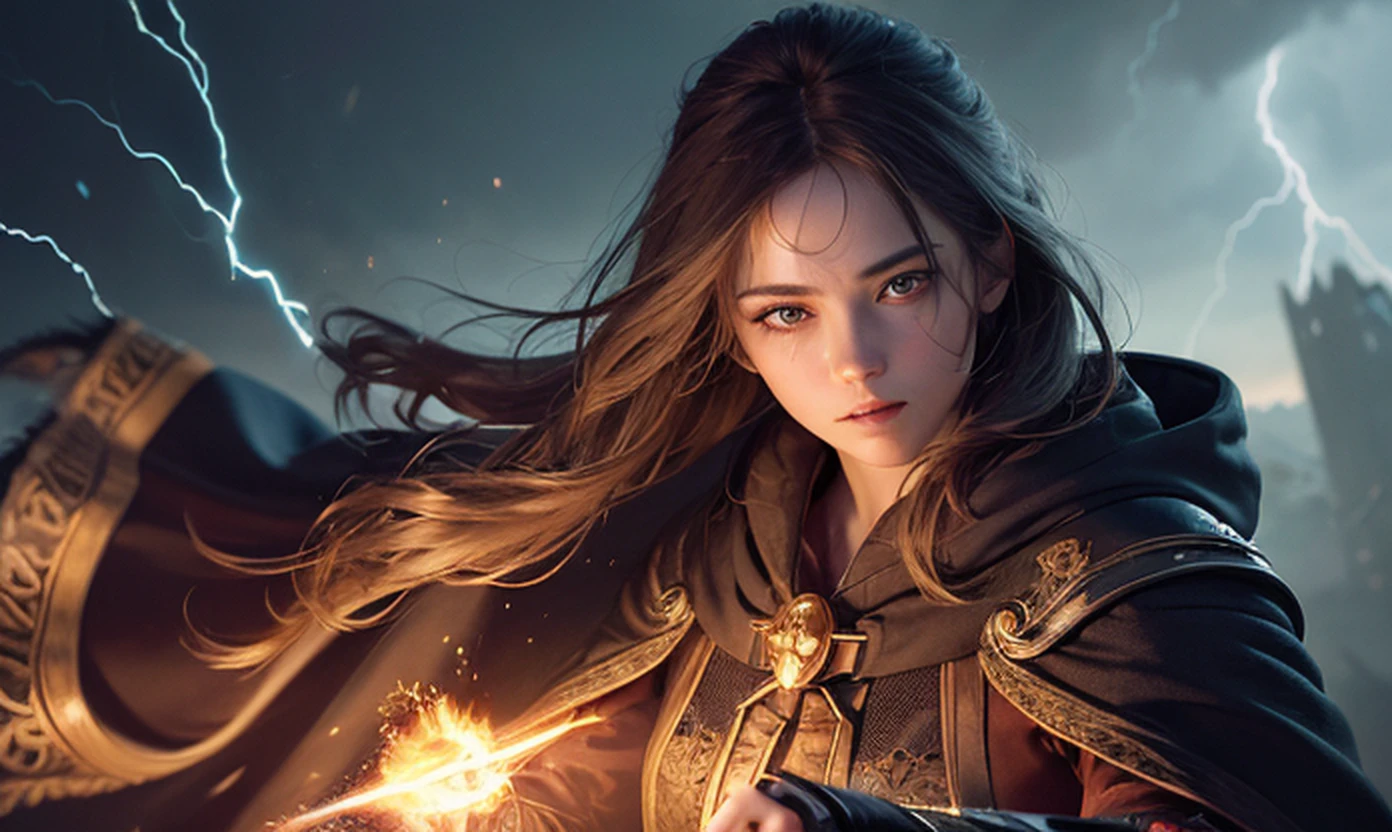 (skindentation:1.5), Realistic, Photorealistic, (masterpiece:1.5), concept art, intricate details, highly detailed, photorealistic, octane render, 8k, unreal engine, dynamic pose, best quality, highres, (realistic face:1.1), (hyperrealistic:1.1), ((full_body)), perfect eyes,(shiny skin:1.2), (((hairstyle))), (((perfect hands))), (extremely detailed background), ((dynamic background)), ((lightning)), (light rays), ((1girl)), wearing cloak, (((flowing cloak))), ((detailed eyes, high quality eyes, high quality face)), (extremely intricate robes, magical robes), short hair, casting lightning, electricity, swirling fire, radiating power, sparks, smoke, magic, ((dramatic)), epic, battlefield, depth of field, bokeh, 4k, gothic, ember, particles
