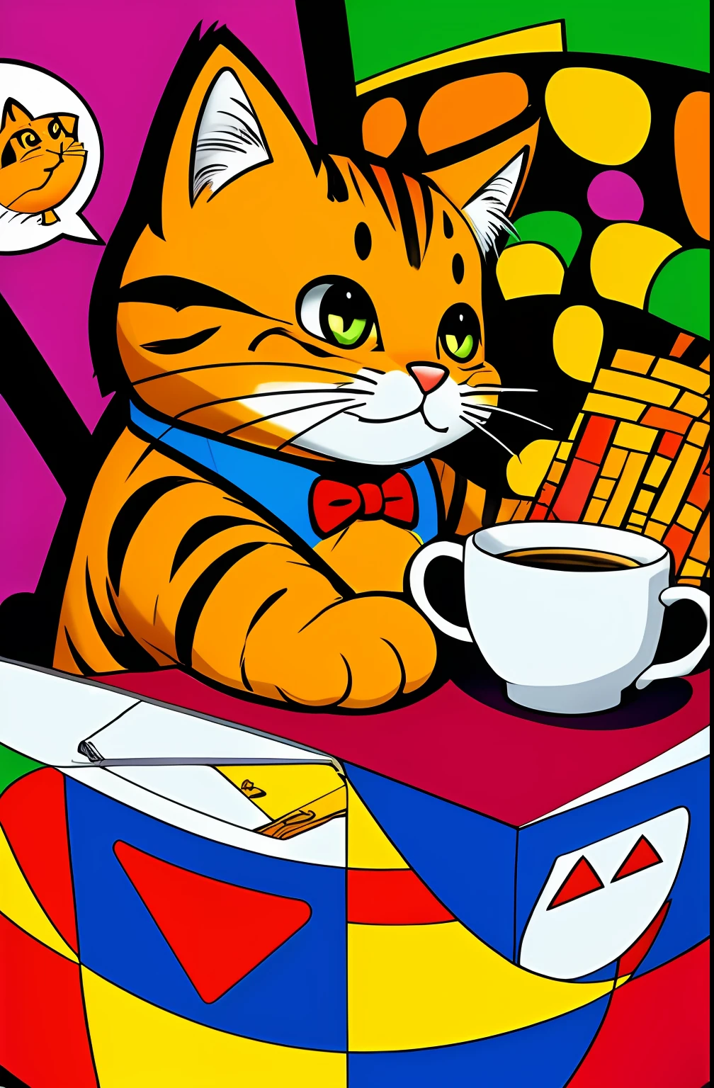 (CAT GARFIELD FROM THE ORIGINAL COMIC BOOK SERIES), WITH ALL THE PHYSICAL DETAILS OF THE ORIGINAL HAPPY HAVING A CUP OF COFFEE EDUARDO KOBRA ,Romero Brito,The Filling Twins ,multidimensional geometric wall PORTRAIT, arte, Chibi,
Yang08k, lindo, Colouring,
Primary works, qualidade superior, melhor qualidade, Arte Oficial, Beautiful and Aesthetic, 512 k