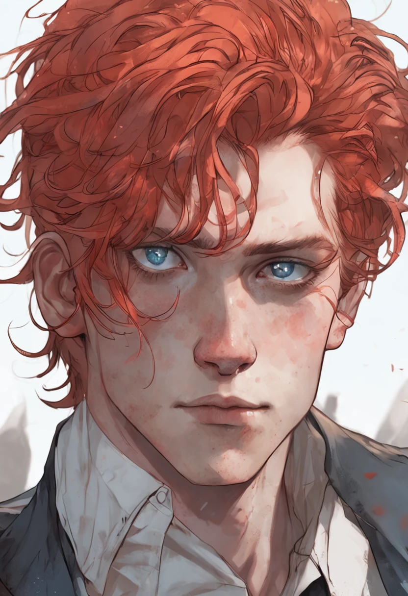 (extremely detailed portrait of a pale boy with intense red hair and heterochromia+eyes red and blue)