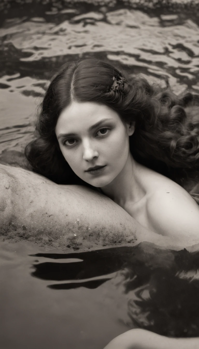 Black and white photo of a drowning person, Inspired by David Octavius Hill, photogravure, Inspired by Eugène Carrière, Painterism, The first ever photograph, inspired by Jean-Jacques Henner, grainy damaged photo, Hot type, Dougro type, damaged photo, author：Theodore Ribot