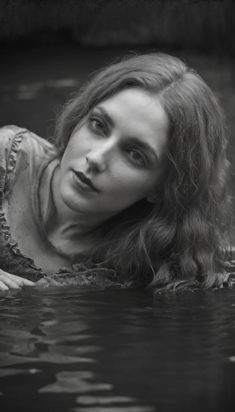 Black and white photo of a drowning person, Inspired by David Octavius Hill, photogravure, Inspired by Eugène Carrière, Painterism, The first ever photograph, inspired by Jean-Jacques Henner, grainy damaged photo, Hot type, Dougro type, damaged photo, author：Theodore Ribot