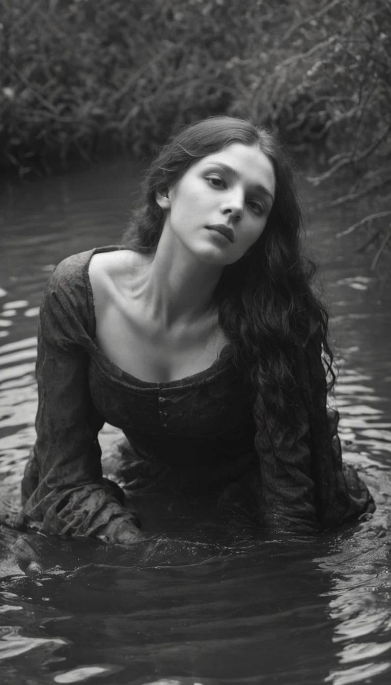 black high school girl in a river in transparent clothes