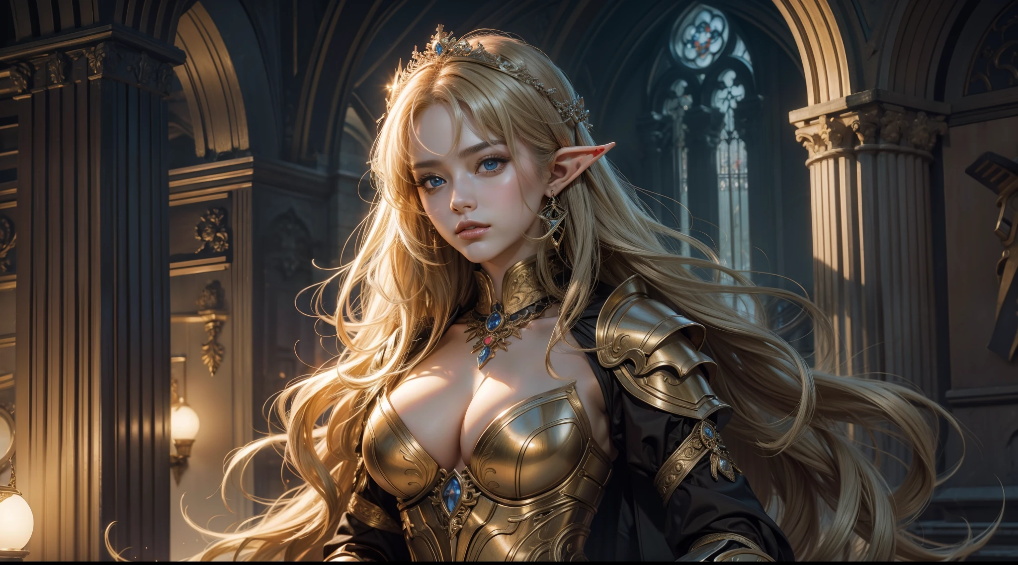 tmasterpiece,top-quality,best qualityer,offcial art,Beauty and aesthetics:1.2),(tmasterpiece:1.3), (8K, realisticlying, RAW photos, best qualtiy: 1.4), beauitful face, (photorealiscic face),超高分辨率, Ultra photo realsisim, highly detailed, the golden ratio, (Award-winning digital artwork:1.3) af (sketching:1.3),(with dynamism:1.3),(Saturation:1.3),(Mid-range portrait:1.3),illusory engine, (High detail: 1.9),(femele:1.4),(big breasts beautiful: 1.4),(carismatic:1.3),Female elf,Large breasts,upperbody shots,dramatics,Armour,The background is the castle,