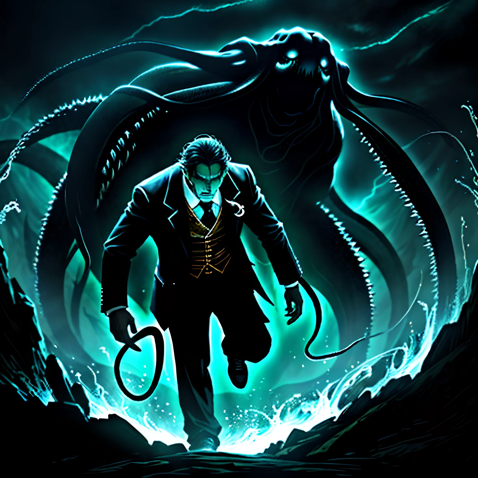 A man struggles in the dark，Wriggle towards where there is God's light，Behind him is unknown in the darkness，Tentacles with mucus（Tentacles of destiny）Attack him，His expression was terrified。