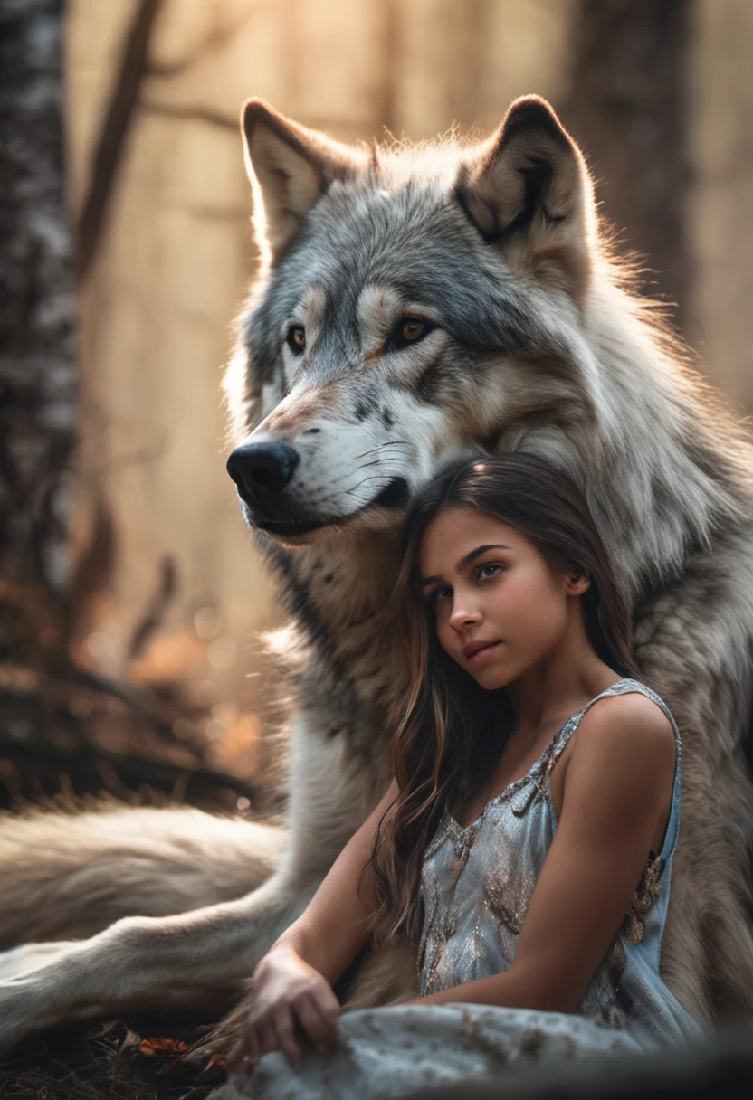 A huge wild gray wolf protecting a beautiful girl
(masterpiece: 1.5) (photorealistic: 1.1) (bokeh) (best quality) (detailed skin texture pores hair: 1.1) (intricate) (8k) (HDR) (wallpaper) (cinematic lighting) (sharp focus )