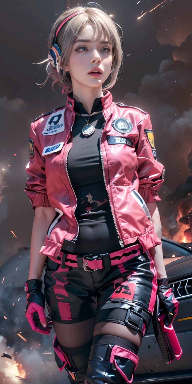 (Photorealistic, Ultra High Definition), ((close up:1, looking at viewer)), Soft light,1 police lady, Night City, (Detailed face), (Pink coiffed short-Hair: 1.3), (cloths color base on silver black pink red white), Futuristic Racing Suits, Police costume like Streetwear, police badge, High-Tech Headset, black army belt, racing gloves, hot pants or low miniskirts, holding a handgun, "POLICE", ((Background crashed cars, burning car, fire background, Explosions, Running Audience)),