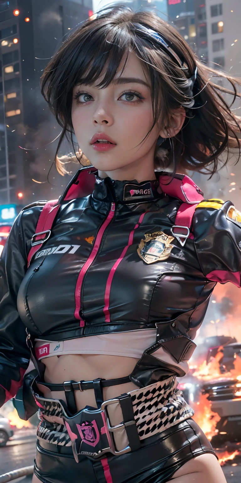 (Photorealistic, Ultra High Definition), ((close up:1, looking at viewer)), Soft light,1 police lady, Night City, (Detailed face), (Pink coiffed short-Hair: 1.3), (cloths color base on silver black pink red white), Futuristic Racing Suits, Police costume like Streetwear, police badge, High-Tech Headset, black army belt, racing gloves, hot pants or low miniskirts, holding a handgun, "POLICE", ((Background crashed cars, burning car, fire background, Explosions, Running Audience)),