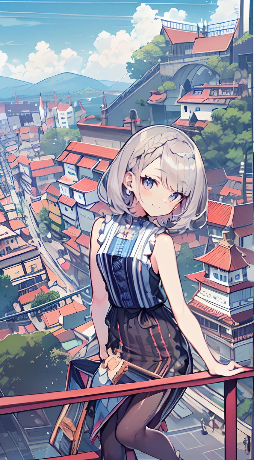 masutepiece, Best Quality,Illustration, Wallpaper, Ultra Detail, Absurd beauty, 1beautiful girl、(Medium short hair、short braided hair), Beautiful ultra-detailed eyes 、student clothes、A refreshing smile、Smaller head、(a panoramic view:1.5)