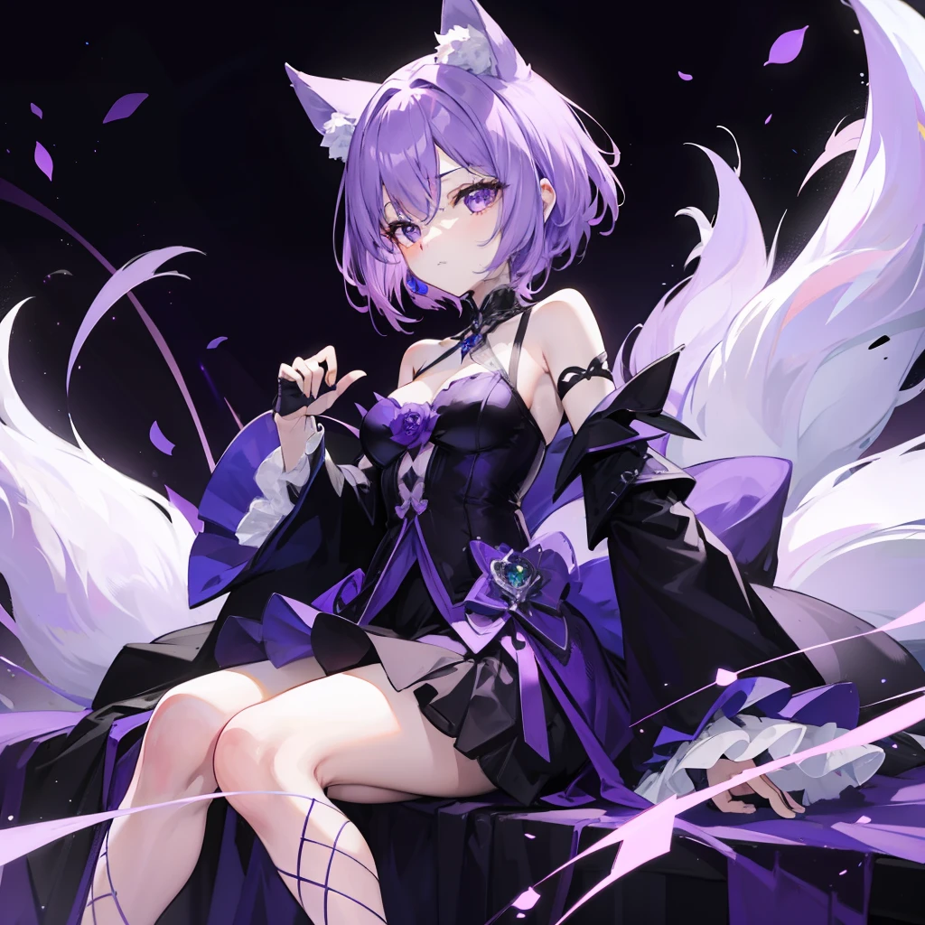 Short fluffy lilac hair，It has purple fox ears，a purple eye，Dressed in purple and white，Wearing black silk is a sexy royal sister