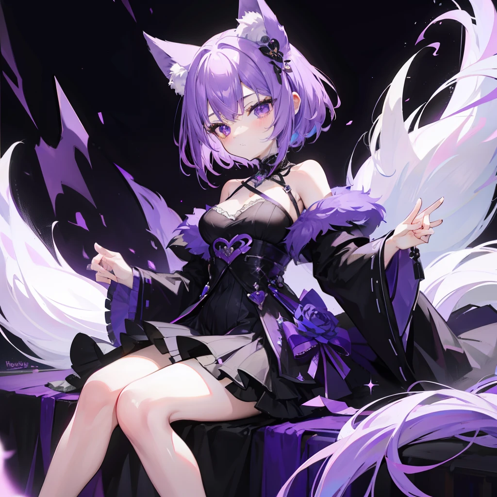 Short fluffy lilac hair,It has purple fox ears,a purple eye,Dressed in purple and white,Wearing black silk is a sexy royal sister
