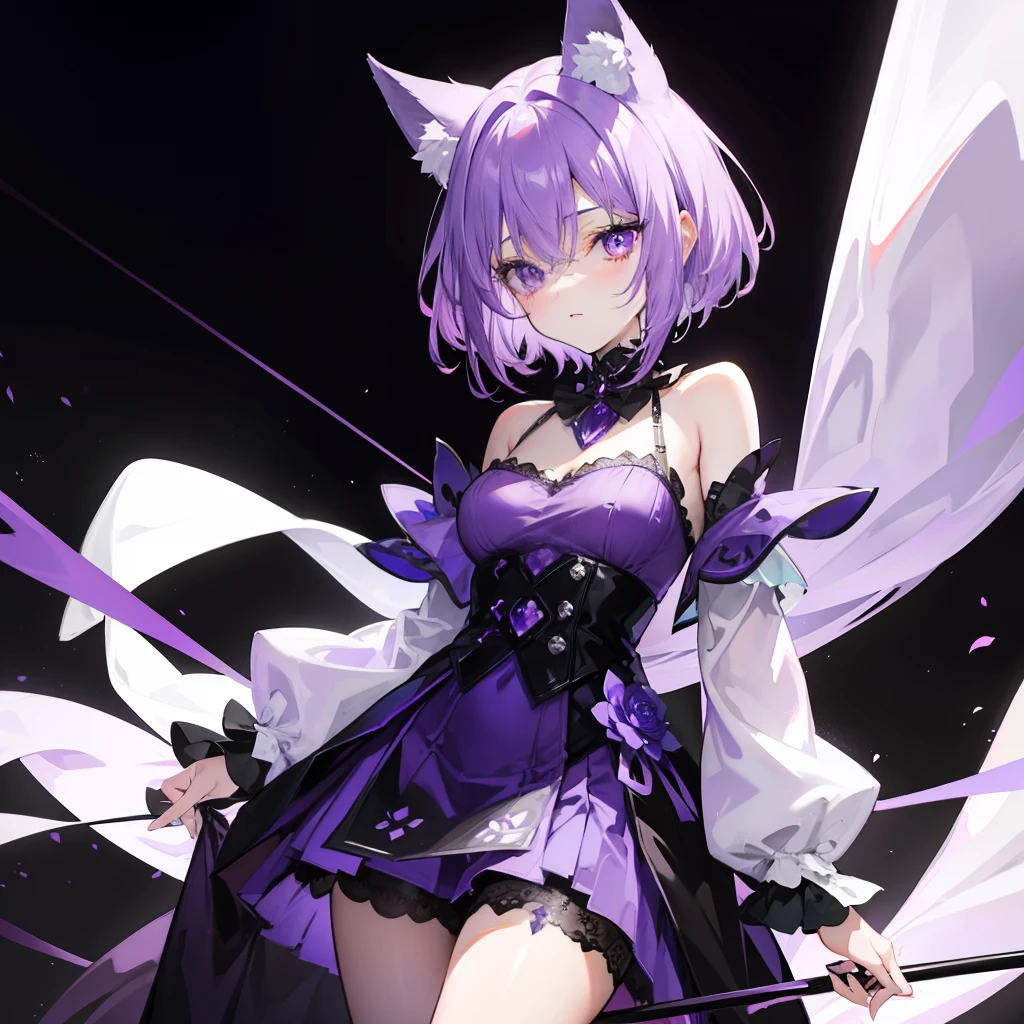 Short fluffy lilac hair，It has purple fox ears，a purple eye，Dressed in purple and white，Wearing black silk is a sexy royal sister
