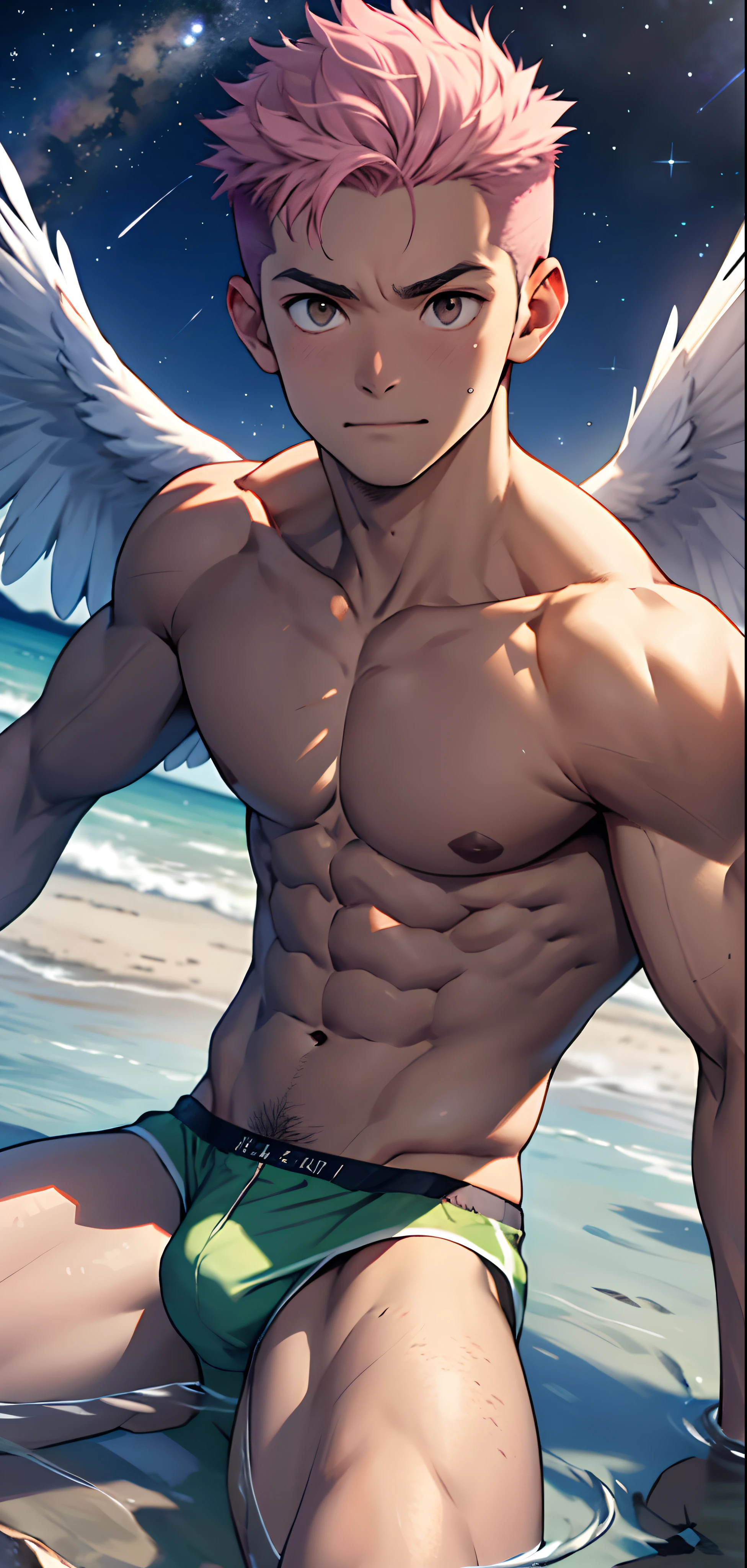 (masterpiece, best quality),Soar among the stars,Air,flight,Fly in the air,Floating ice cubes,Golden feathered wings,Pink briefs,Male children,nakeness,Kid's face,Flat chin,infancy,(Kid's face),Pink belly hair,Pink chest hair,Pink pubic hair,Flat chin,Fine face in detail,White men's briefs,musculous,pink short hair,Bright Hair,White eyes,Keep your eyes wide open,nakeness,White briefs,White briefs,Pectoralis abdominal muscles,Strong and well-developed muscles,spread their legs,legs are open,bright,Bright and vivid colors,(depth of fields:1.2),Positive audience,looking at viewert,the night