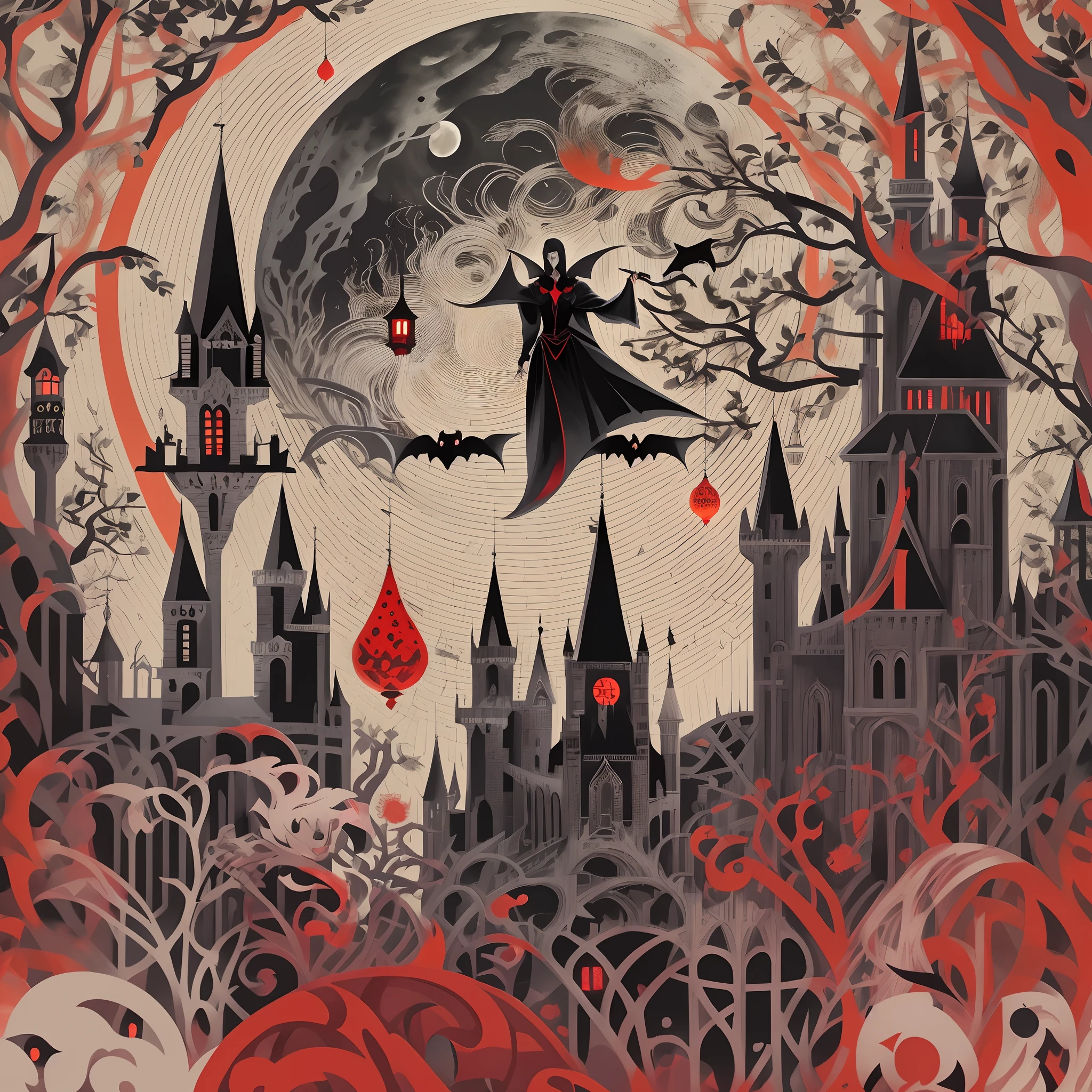 erte, Black and red themes, (Dracula Vampire), moon, Gothic Castle,bokeh,lightand shade contrast,tmasterpiece,flatillustration,minimal style,4K