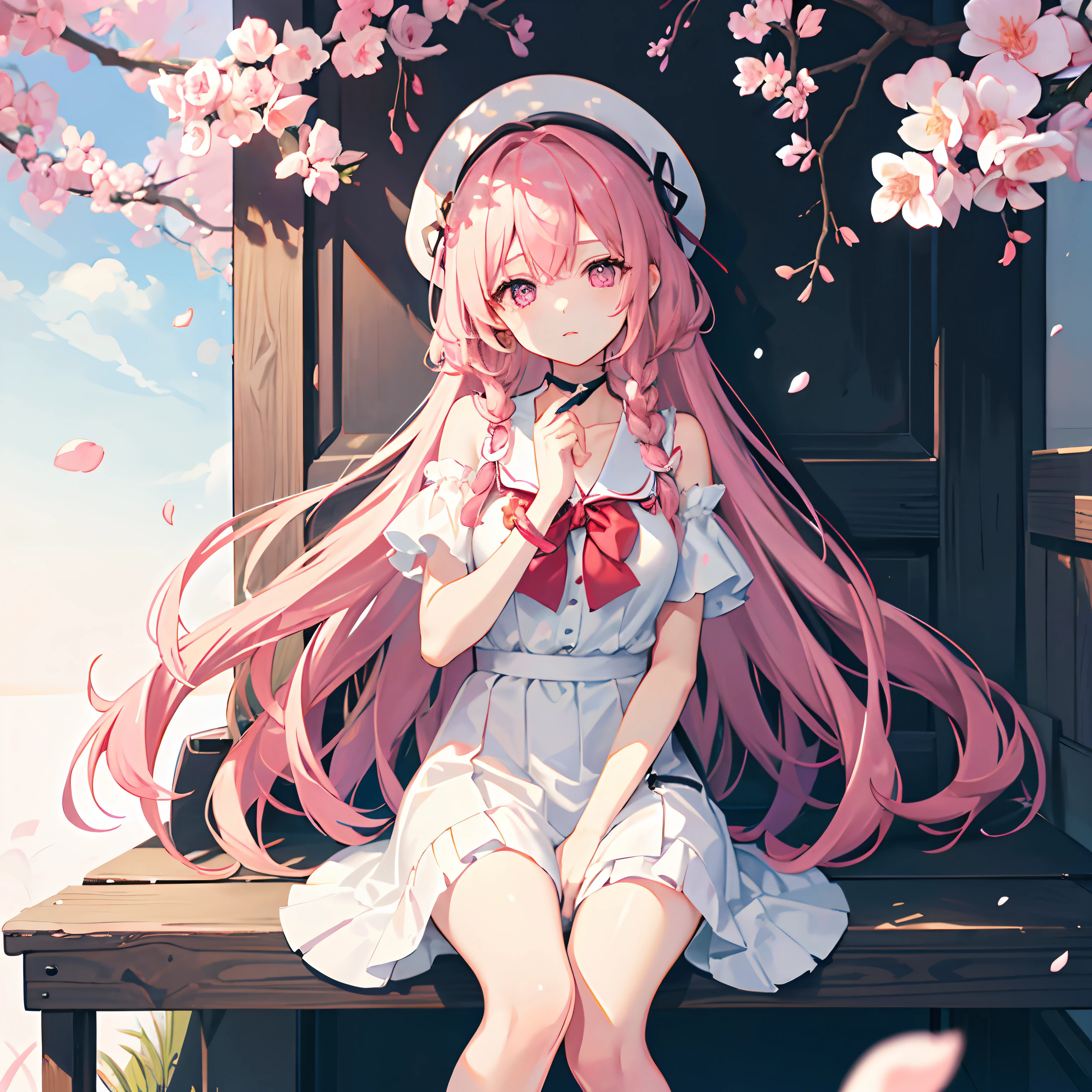 {1girll,独奏}Long cherry blossom pink hair,Floating long hair,Single braid,Tie-up hair on one side,Red bandage,Staggered bangs,White color blouse,Delicate purple eyes,Bright pupils,The collarbone is clearly visible,White fedora,Short white dress,(Contemptuous expression),red bowtie,(White one-piece stockings),Bare shoulders,Pink bracelet,Colorful petals,the cherry trees,benches,(sportrait:1.2),Tilt your head and look,Asphalt pavement,Carrying a pink school bag,(facial closeups:1.2),(eye closeup:1.2),Sitting,(solofocus:1.2),(Best quality at best),(extremely detaile),(Unique),(Delicate background),(Masterpiece),(Ultra-high resolution),(Very detailed 8k wallpapers),cinmatic lighting,Volumetriclighting,light particules,Face Shadow,(Fine beautiful face and eyes),depth of fields,ssee-through,hdr,Ray traching,dynamic scene,