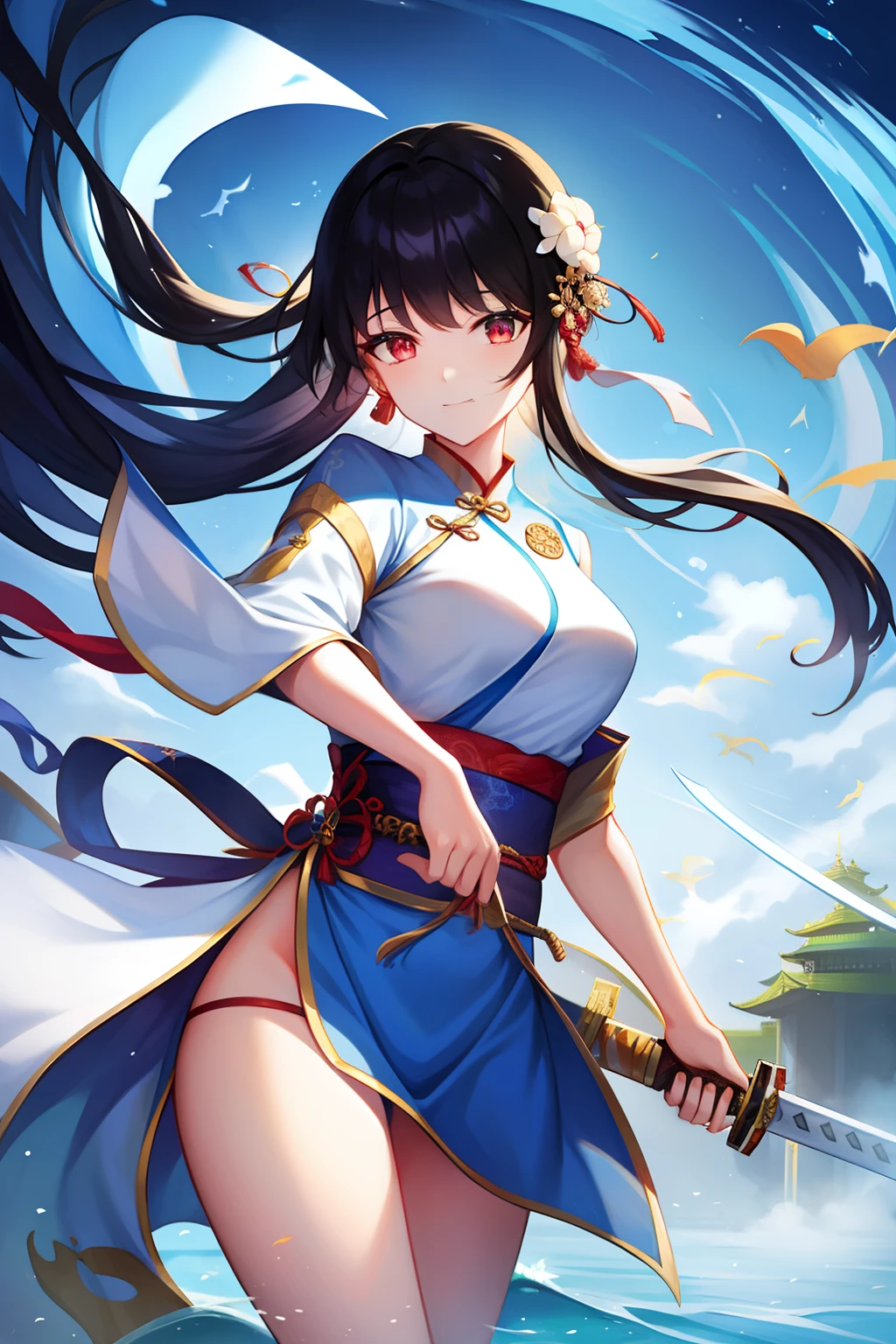 1人,1girll, arma, sword,Floating,Hanfu,Chinese painting,huaniao,chinesedragon,Town