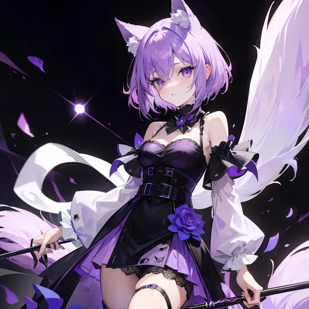Short fluffy lilac hair,It has purple fox ears,a purple eye,Dressed in purple and white,Wearing black silk is a sexy royal sister