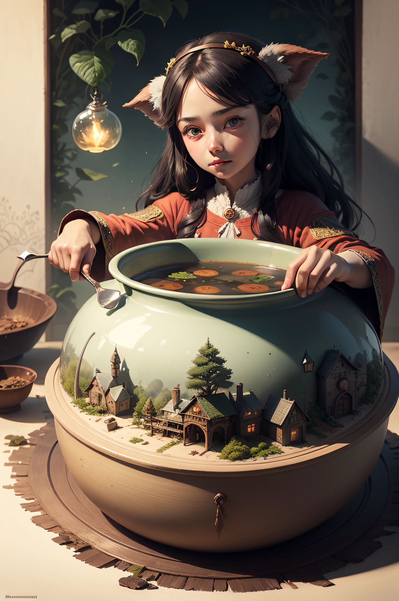 best quality, fantasy, Slavic folklore, concept art Miyazaki, Ghibli, Brian Froud, Kraola, Dan Mumford, Andy Kehoe, 2d, detailed portrait of a beautiful herbalist girl who cooks a potion in a pot, kitchen interior, close-up, bright large pot of soup placed on the table, pot with large detailed eyes, sharp teeth, tentacles, flat, cute, charming, vintage, drawing on cracked paper, fairy tale, detailed illustration from a storybook, cinematic, ultra-high detail, tiny details, beautiful details, mystical, luminescent, bright colors, complex background