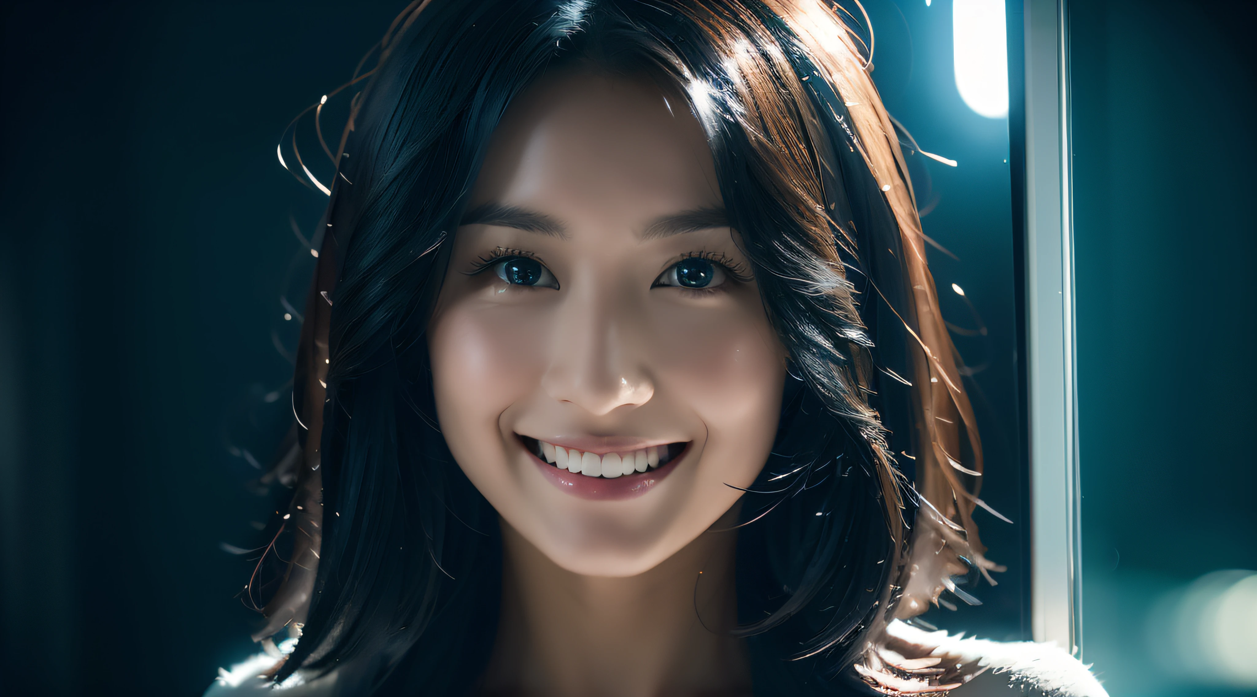 (((Super Detail))), Best Quality, In the pitch-black universe、Neptune visible from the window、One Japan Woman、weightless、A dark-haired、longeyelashes, Solid Circle Eyes, lightsmile, surrealism, drop shadow, anaglyph, stereograms, Best Full Body Images in 8K。