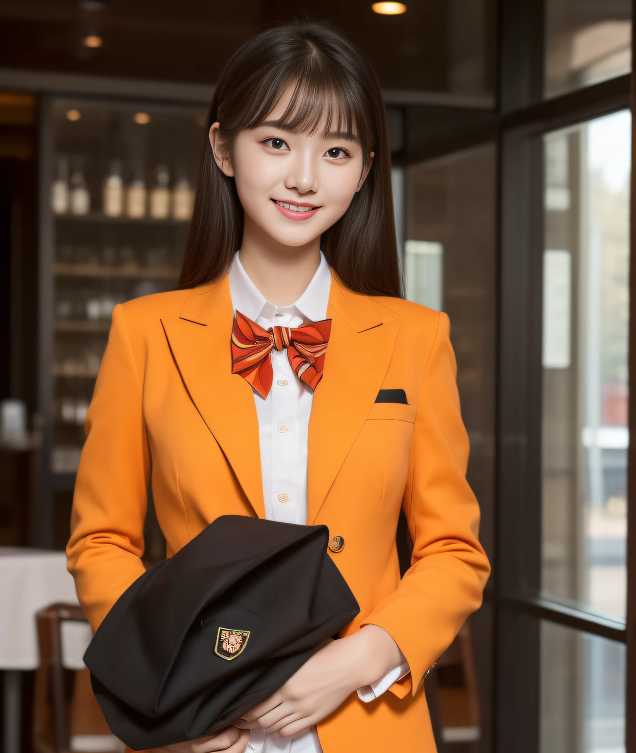 ((Best Quality, 8K, Masterpiece: 1.3)), a beauti, In addition, melon face, Friendly and cute, sweet smile, Pure desire, Slender body, (s whole body), (tilted head), ((looking at camera)), Medium Black Silky Straight Hair, Long flowing shoulders, round black big eyes, clear big eyes, moist red lips, Cafe shop background, ((full body shooting)), (Orange Blazer, bows, Sock, High School Uniform: 1.2, ), (Middle breast)
