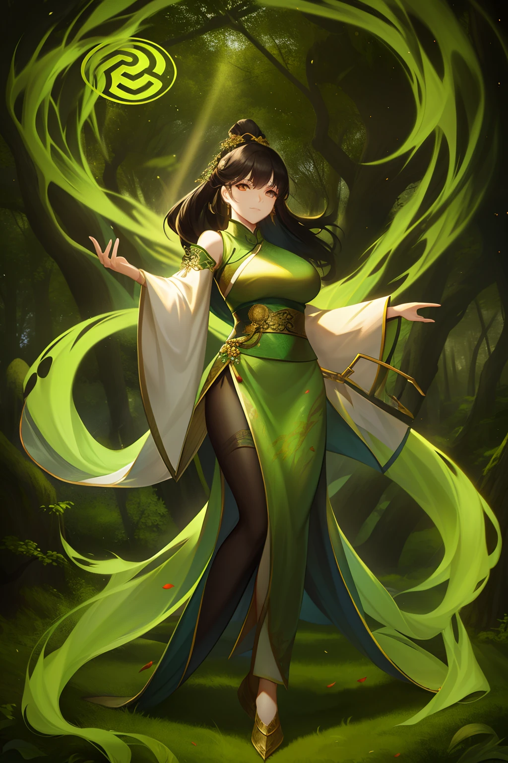 Full body portrait of a woman in ancestral forest with moss-twisted trees, The golden evening sun shines through the leaves, Shadows and Lights theme, Perfectcomposition,( Round Chinese dragon:1.2)