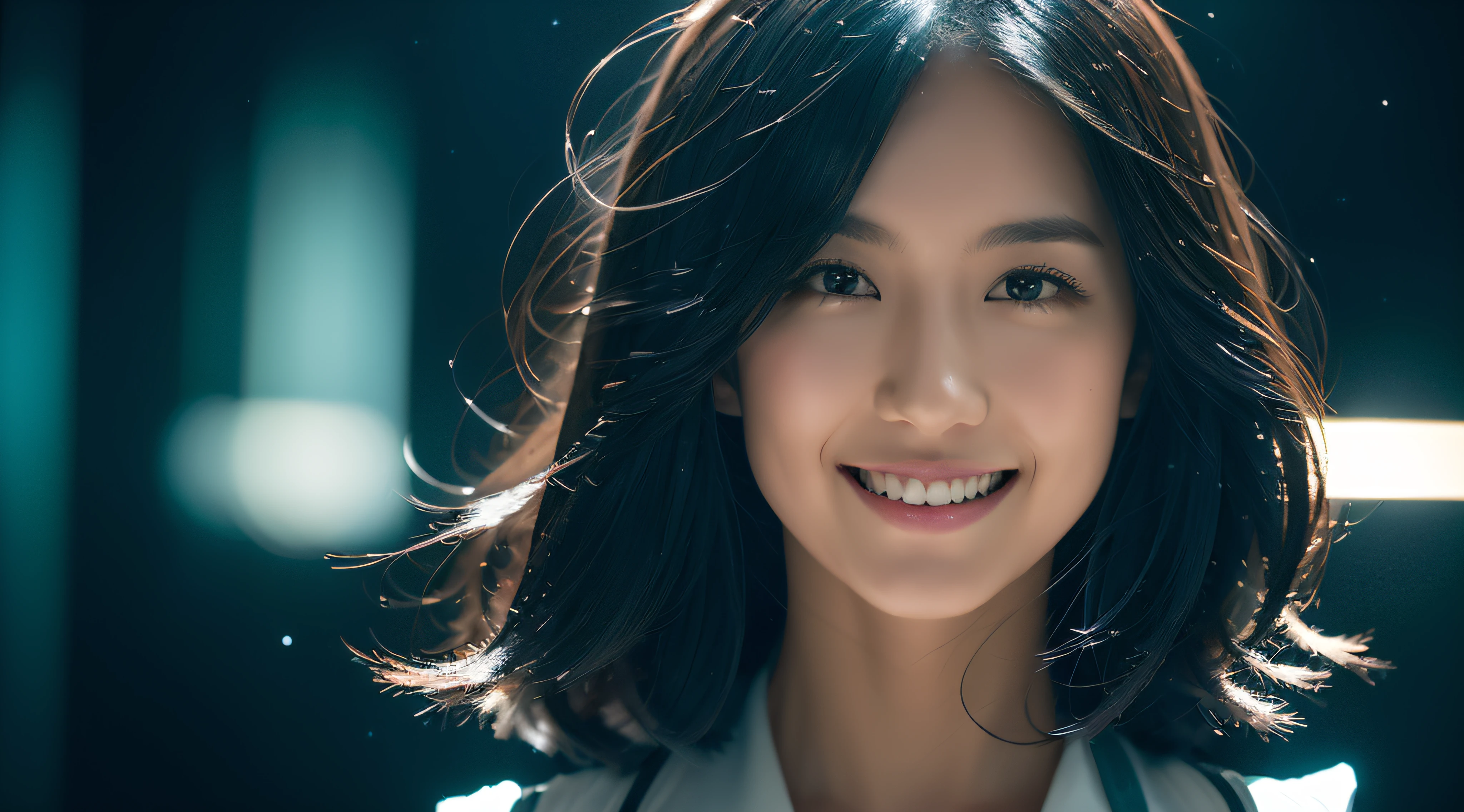 (((Super Detail))), Best Quality, In the pitch-black universe、Neptune visible from the window、One Japan Woman、weightless、A dark-haired、longeyelashes, Solid Circle Eyes, lightsmile, surrealism, drop shadow, anaglyph, stereograms, Best Full Body Images in 8K。