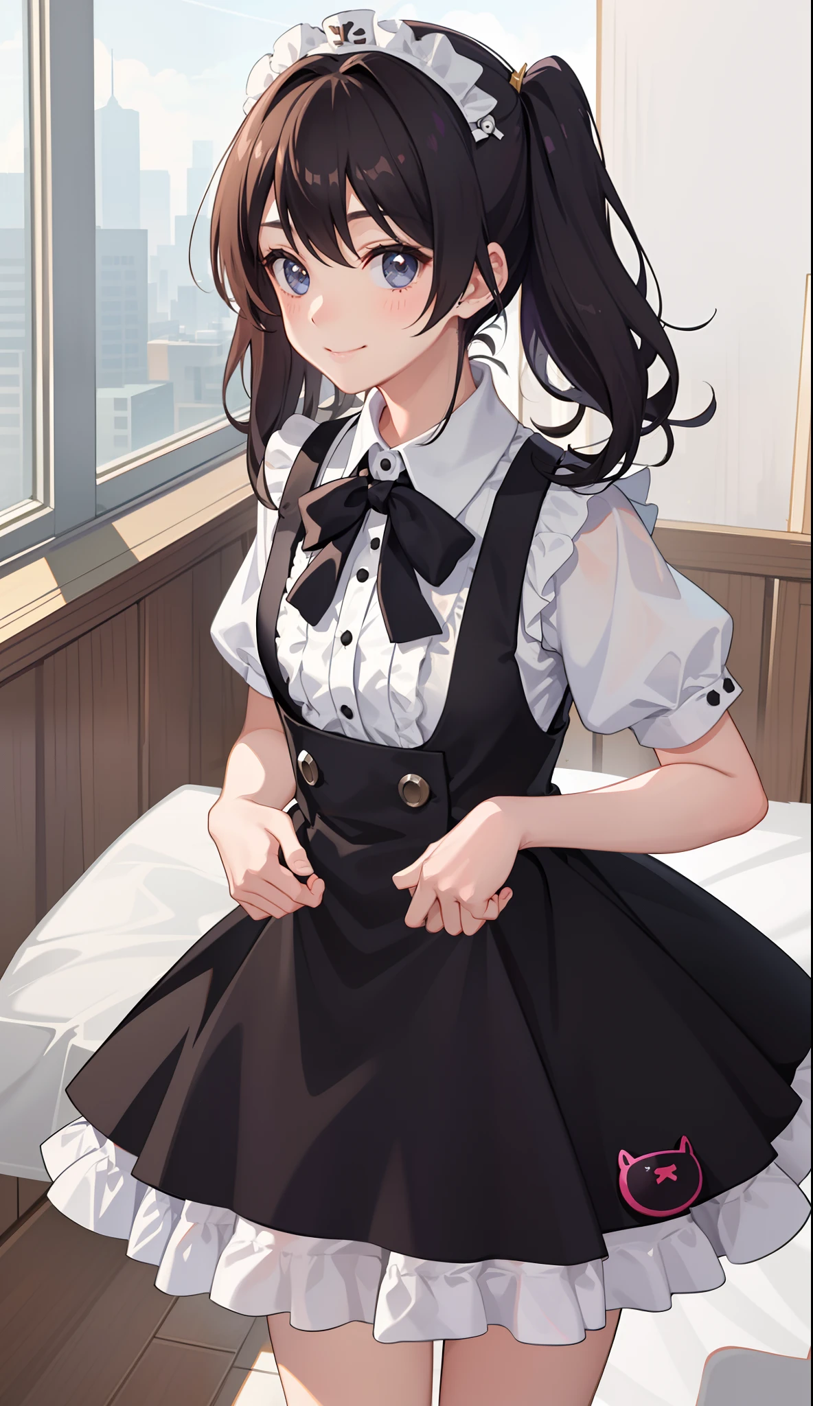 1girl in、A smile、A delightful! The shirt、skirt by the、(small tits)pinafore、doress、hair adornments、(Maids)、
