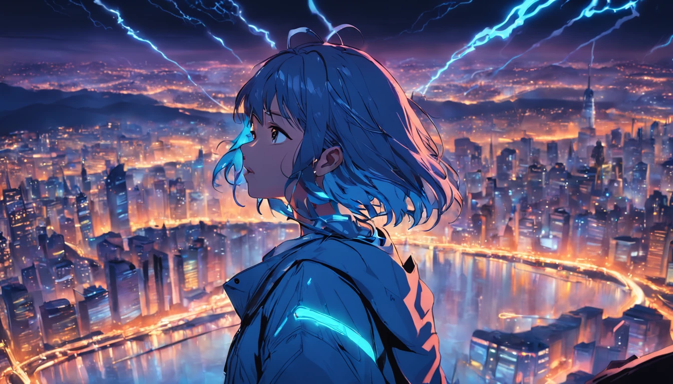 retrato sombrio de Deus Asa Noturna da DC, extremamente detalhado, futuristic cityscape, noite, glowing neon lights, smoke billowing, Sparks, Metal shavings, Detritos voadores, efeitos da energia azul, volumetric light