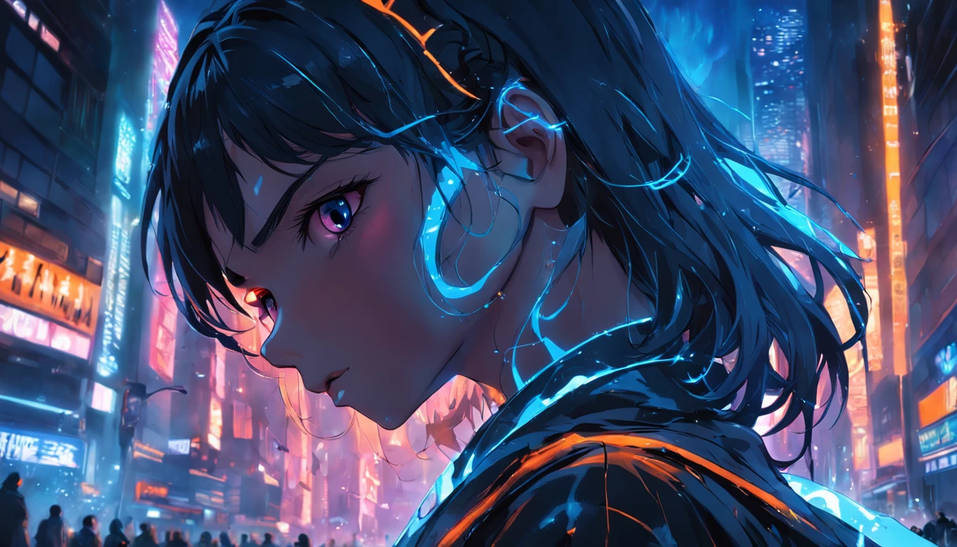 retrato sombrio de Deus Asa Noturna da DC, extremamente detalhado, futuristic cityscape, noite, glowing neon lights, smoke billowing, Sparks, Metal shavings, Detritos voadores, efeitos da energia azul, volumetric light