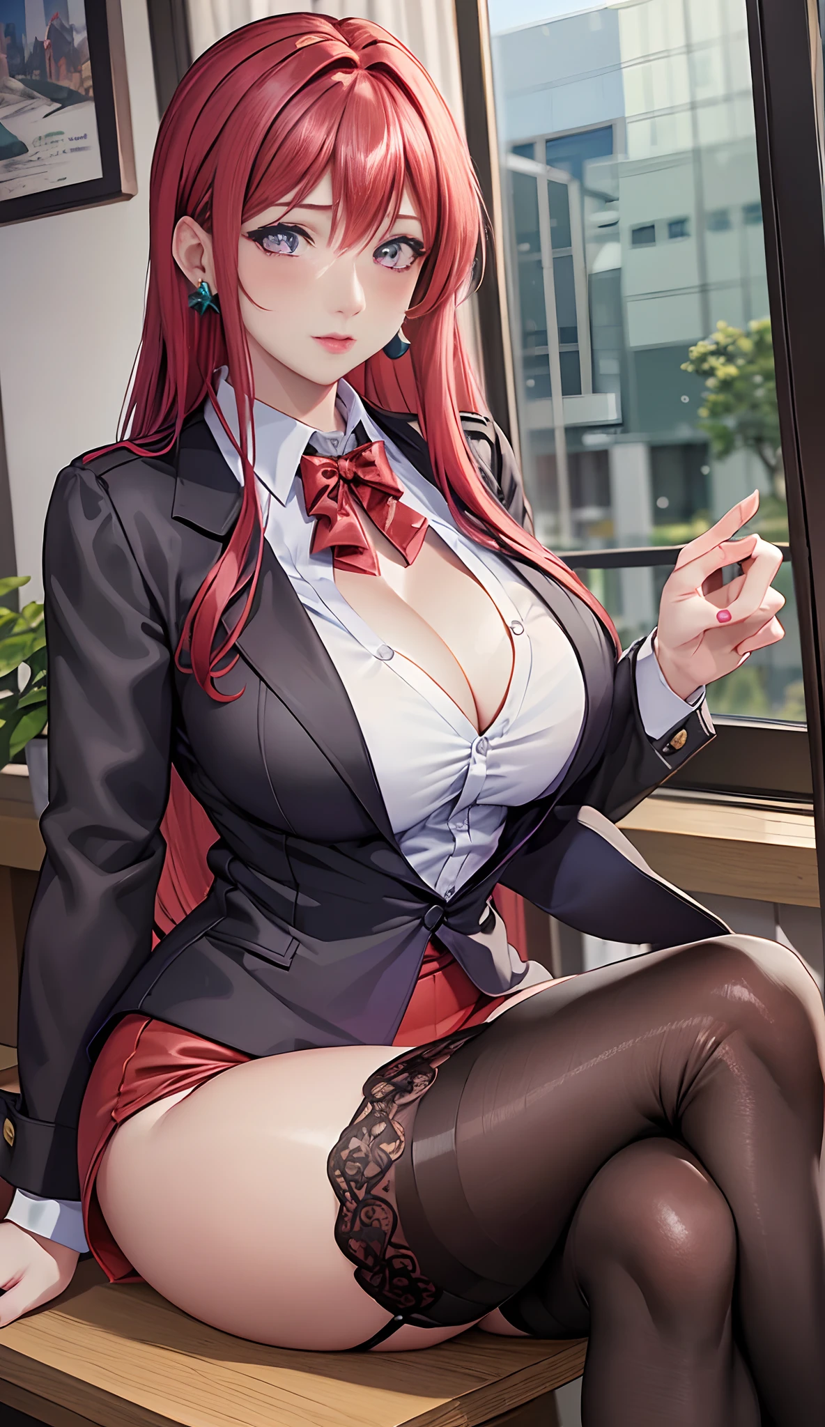 (Masterpiece, Best Quality, High Quality:1.4), professional artwork, Intricate Details, field of view, sharp focus, detailed painting, masterpiece, cinematic lighting, trending on pixiv, (vivid lighting, vibrant colors, by Nagasawa Rosetsu:1.05),
Hiroko Takashiro, (mature female, milf:1.1), solo, (curvy:1.1), sitting on an office desk with crossed legs, office, (full body shot:1.1),
(red hair:1.05), long hair, lipstick, makeup, ultra detail hair, ultra detail face, (purple eyes:1.05), perfect eyes, perfect face, earrings, (confused, blush:1.2),
shirt, jacket, (black thighhighs, garter belt:1.1), zettai ryouiki, pencil skirt, office uniform, highheels,
(Large Breasts:1.1), Cleavage, big ass, thighs,