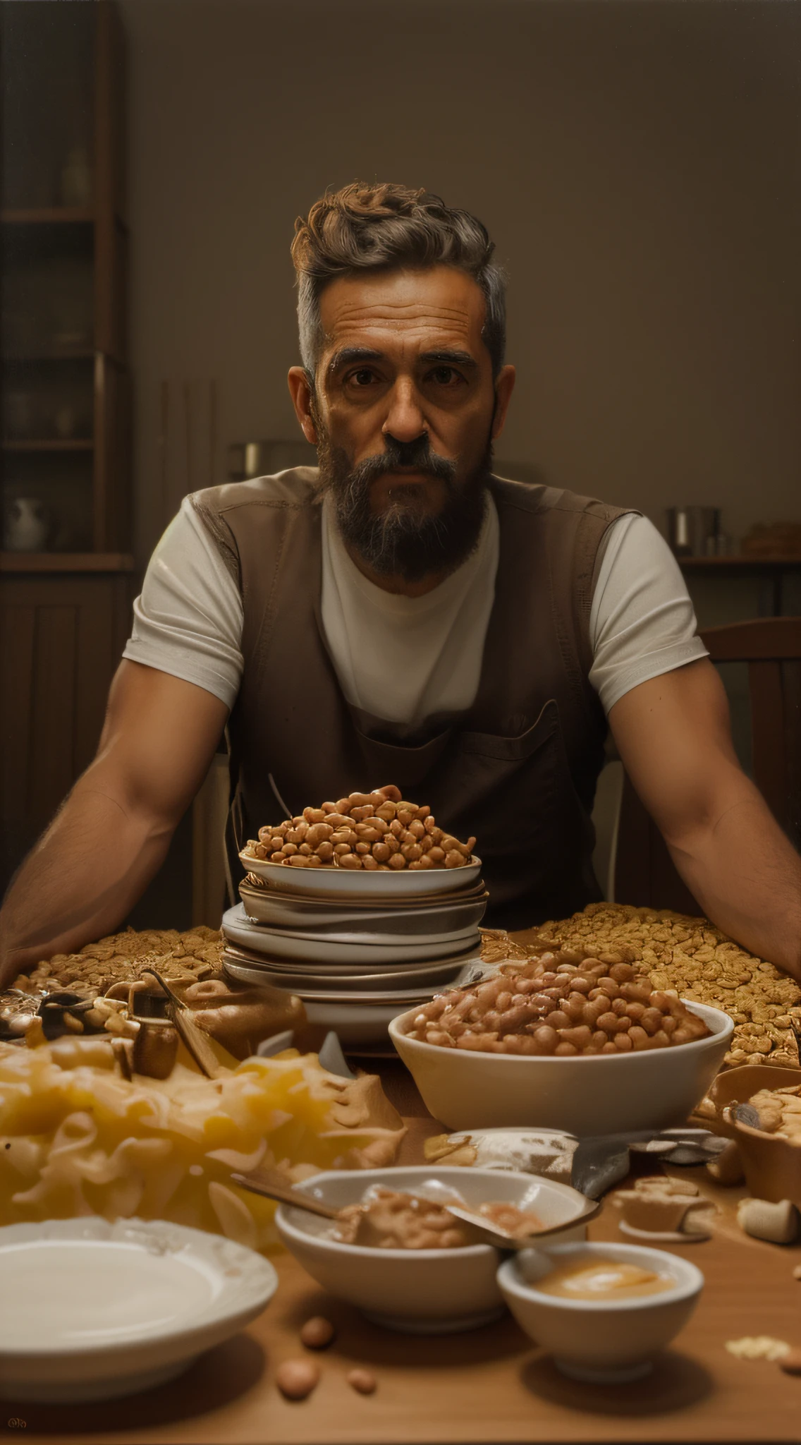 There's a man sitting at a table with lots of food, overflowing with baked beans, epic portrait of menacing, cereal, Fotografia de hiper-realismo, Retrato grande, hiper-realismo, foto hiper-realismo, hiper realista, hiper realismo, autorretrato hiper-realista, O Deus da Aveia, Hiper-realismo, hiper - realismo, estilo hiper-realismo, pintura hiper-realista