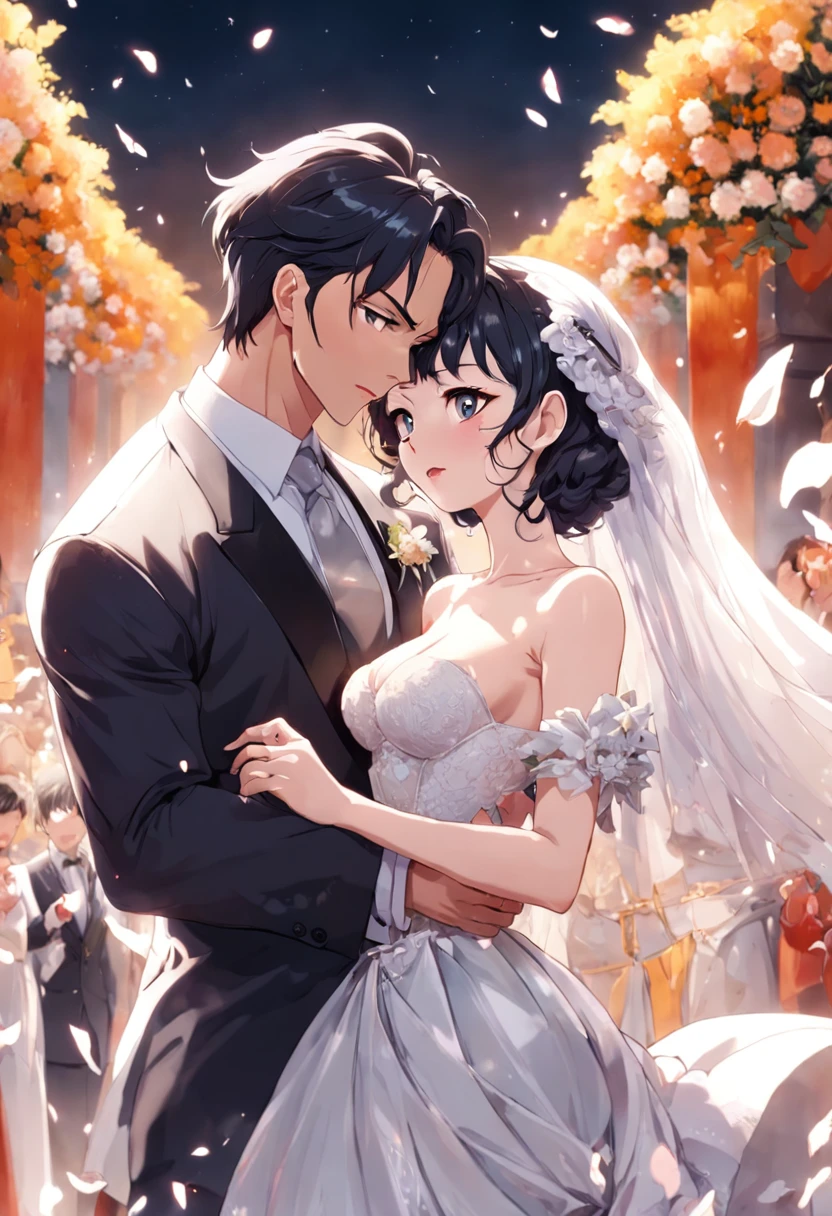 Wedding scene, style of anime, two guys, epic, immensity, full bloom, Cleavage is seductive, icecream, A majestic, Ava Gardner, Fay Wray,, frenzied, delight, ultra - detailed, octan render, Hollow, brightly, Loves, lachend, araki, sorayama