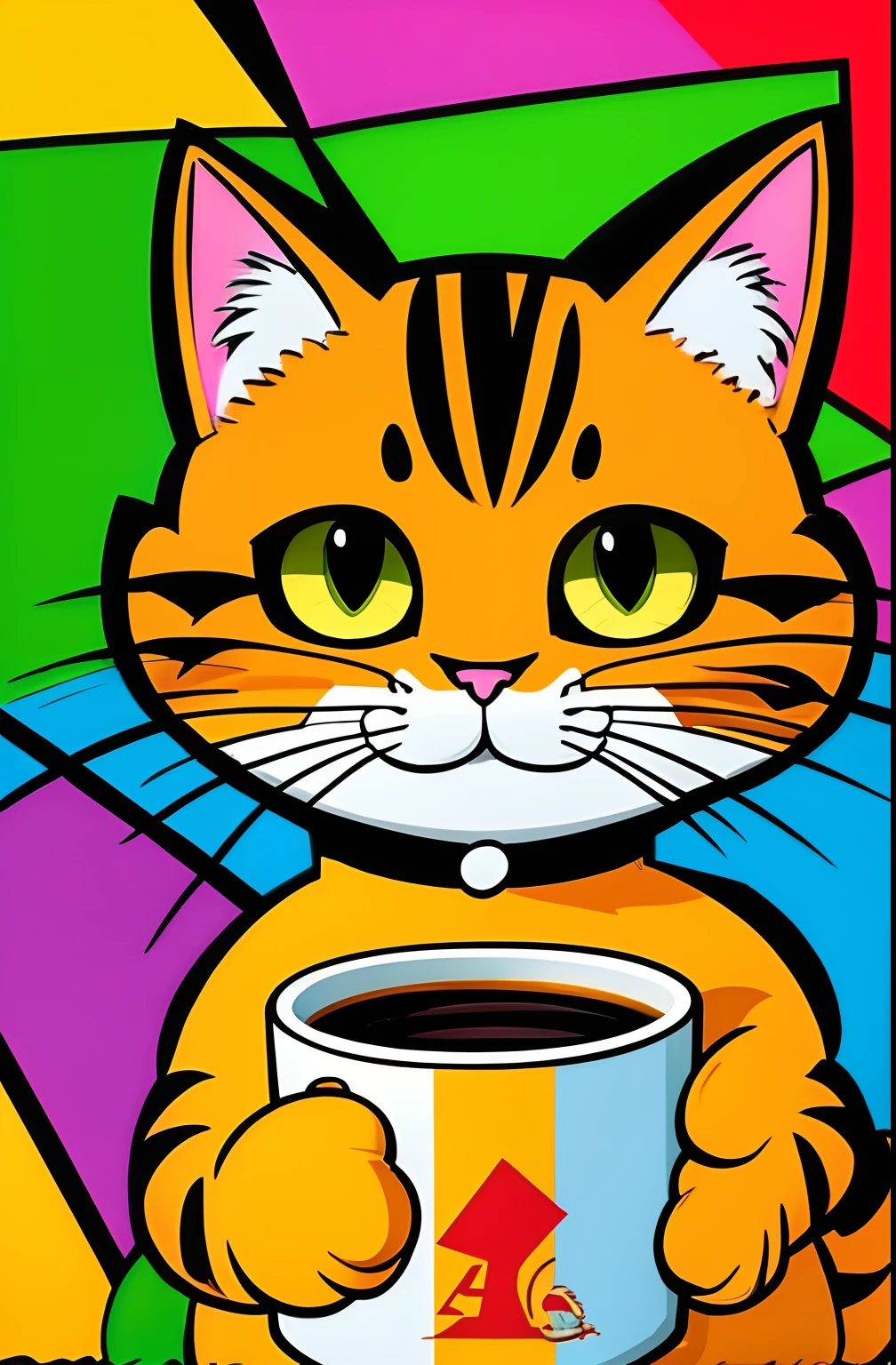 (CAT GARFIELD FROM THE ORIGINAL COMIC BOOK SERIES), (WITH ALL THE PHYSICAL DETAILS OF THE ORIGINAL ),SMILE HAVING A CUP OF COFFEE EDUARDO KOBRA ,Romero Brito,The Filling Twins ,multidimensional geometric wall PORTRAIT, arte, Chibi,
Yang08k, lindo, Colouring,
Primary works, qualidade superior, melhor qualidade, Arte Oficial, Beautiful and Aesthetic, 512 K