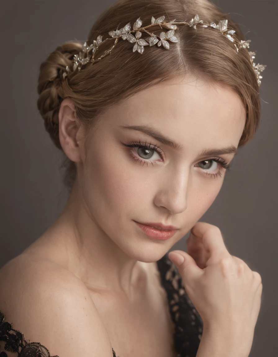 Female, 29 yo, blonde, braided bun, d cup, slim, back-less night black gown, necklace, light make-up, super model, elegance, glamour, high class, fancy night event