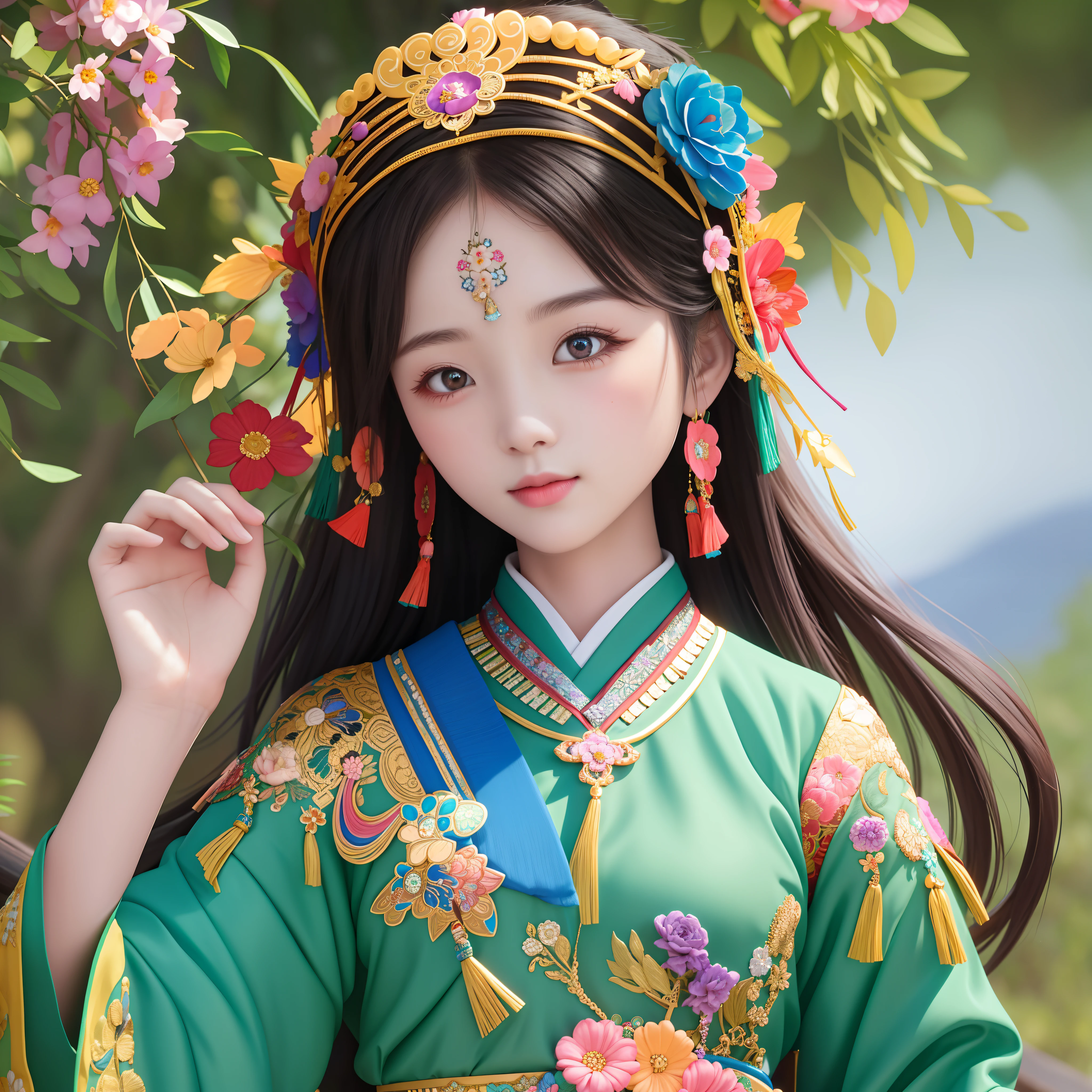 masterpiece, best quality,beautiful face,beautiful eyes,looking at viewer,The Hmong girl, adorned with intricate embroidery and colorful accessories, exudes grace and elegance as she carries a basket filled with vibrant flowers, symbolizing the harmony between humanity and the natural world.