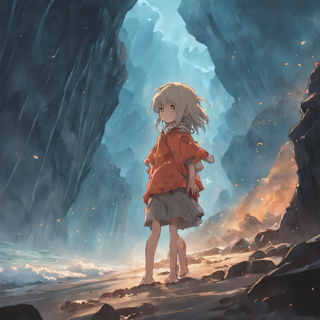 ((obra-prima, melhor qualidade)), Shore image of a looking on a cliff, clouded skies, estilo terror, a profecia ::n_ anime, desenho, baixa qualidade