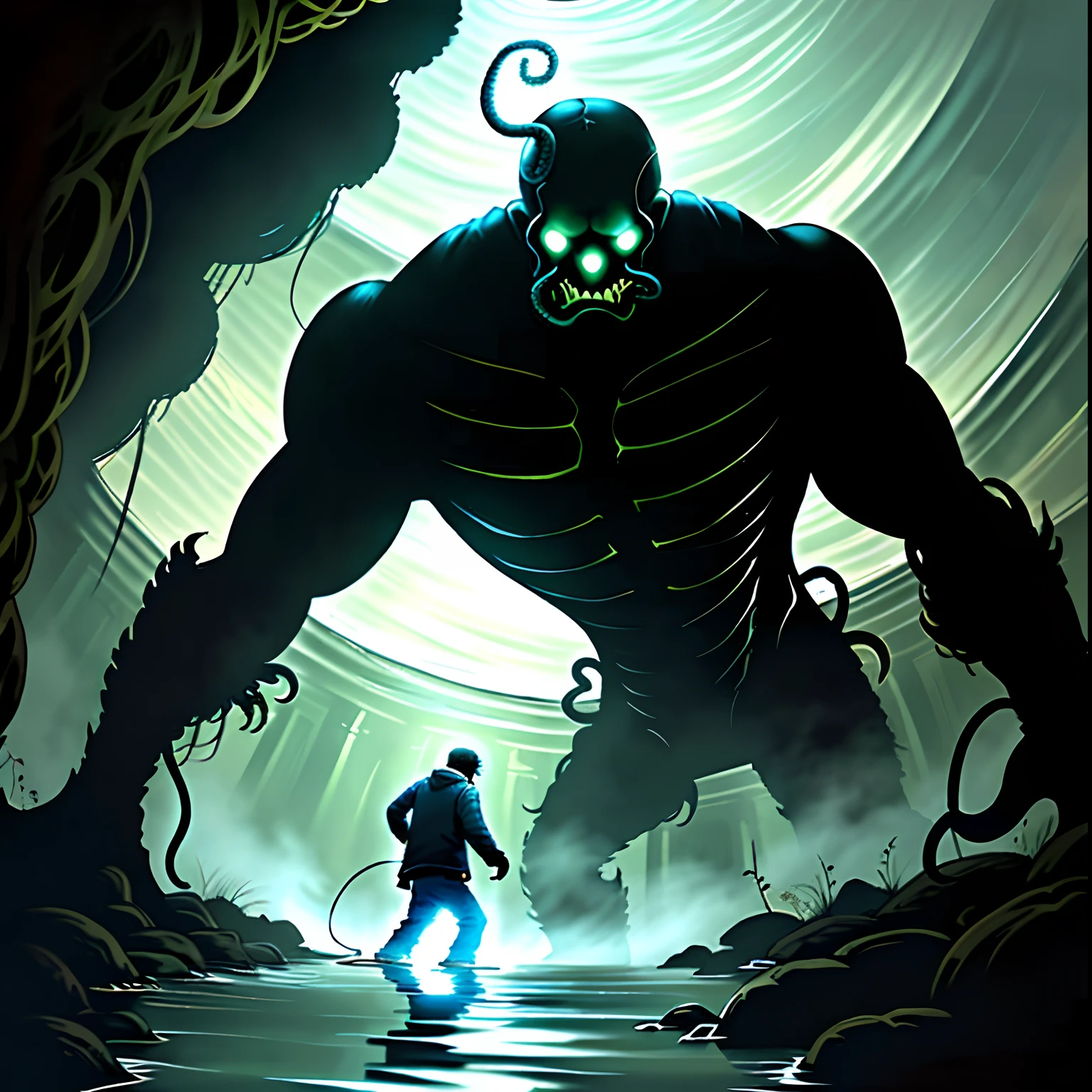 One painting shows a man struggling in a sewer pipe,Wriggle towards where there is God's light,Behind him is unknown in the darkness,Tentacles with mucus(Tentacles of destiny)Attack him,His expression was terrified。