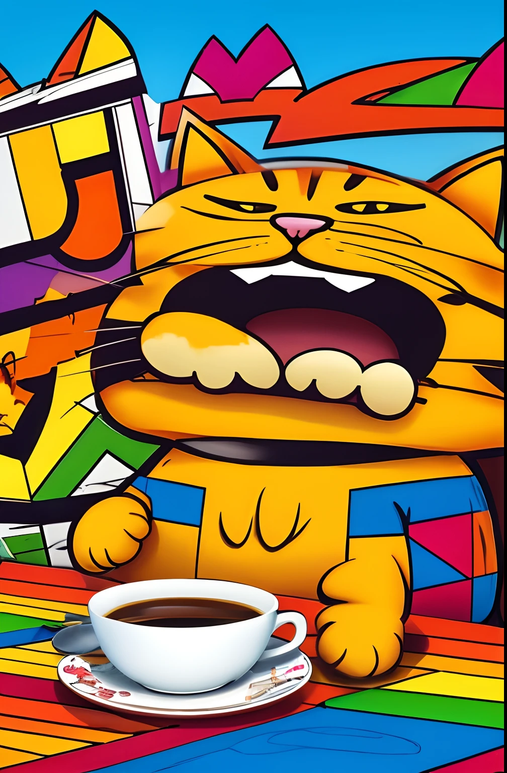 (CAT GARFIELD FROM THE ORIGINAL COMIC BOOK SERIES), (WITH ALL THE PHYSICAL DETAILS OF THE ORIGINAL ),SMILE HAVING A CUP OF COFFEE EDUARDO KOBRA ,Romero Brito,The Filling Twins ,multidimensional geometric wall PORTRAIT, arte, Chibi,
Yang08k, lindo, Colouring,
Primary works, qualidade superior, melhor qualidade, Arte Oficial, Beautiful and Aesthetic, 512 K