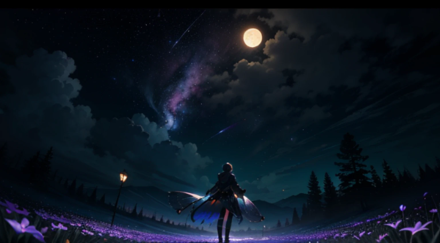 expansive landscape photograph , (a view from below that shows sky above and open field below), a girl standing on flower field looking up, (full moon:1.2), ( shooting stars:0.9), (nebula:1.3), distant mountain, tree BREAK
production art, (warm light source:1.2), (Firefly:1.2), lamp, lot of purple and orange, intricate details, volumetric lighting, realism BREAK
(masterpiece:1.2), (best quality), 4k, ultra-detailed, (dynamic composition:1.4), highly detailed, colorful details,( iridescent colors:1.2), (glowing lighting, atmospheric lighting), dreamy, magical, (solo:1.2)