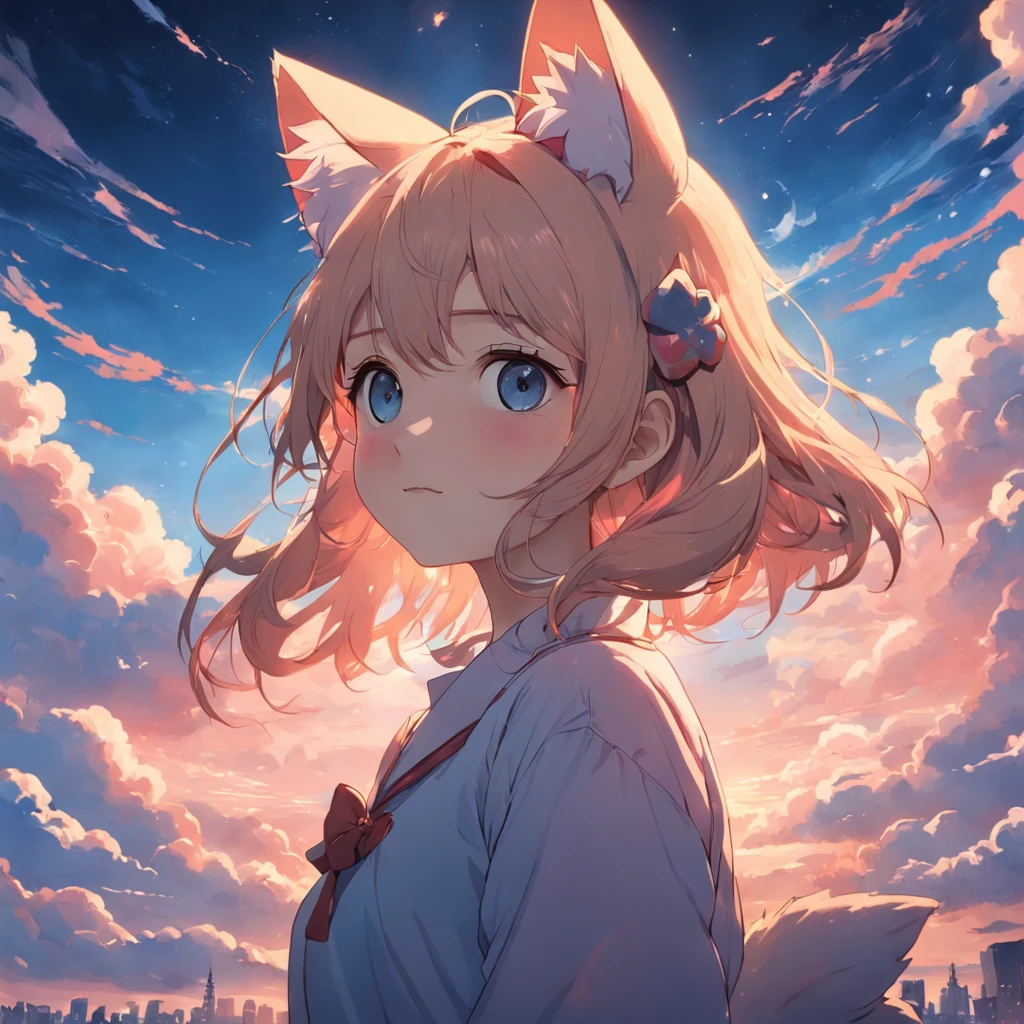 ​masterpiece、top-quality、Movie stills、1girl、Cloud Girl、Cat's ears、floating in sky、a closeup、发光、happiness、Colorful colors、Warm soft lighting、the setting sun、(Spark:0.7)
