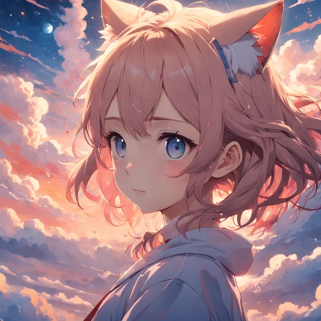 masterpiece、top-quality、Movie stills、1girl、Cloud Girl、Cat's ears、floating in sky、a closeup、发光、happiness、Colorful colors、Warm soft lighting、the setting sun、(Spark:0.7)