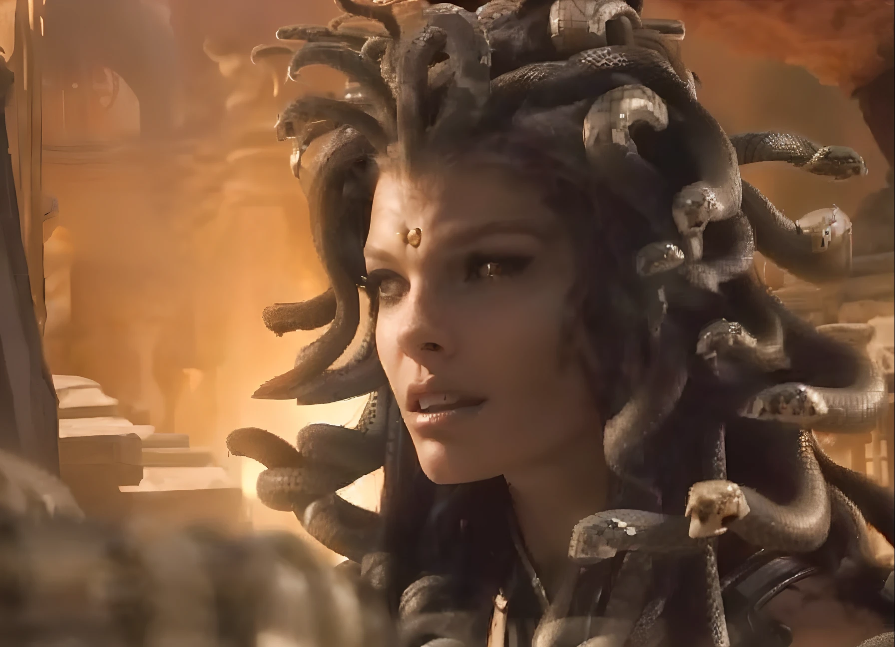 a close up of a woman with a snake head on her head, fierce medusa, very sad medusa, her many snakes as hair, Medusa, From the Aliens franchise, the godess hera looking angry, male medusa, scene from dune 2 0 2 1 movie, medusa gorgon head, beautiful female gorgon, medusa head, female medusa long hair